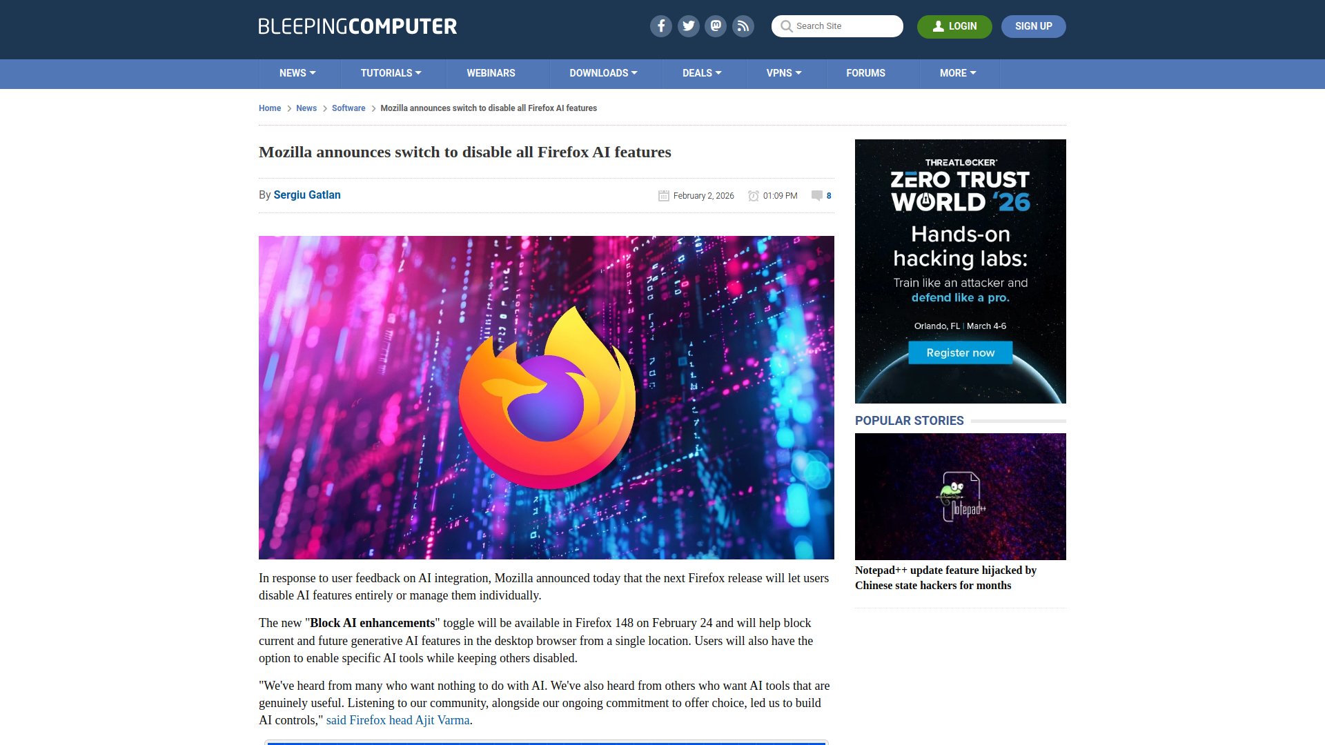 Mozilla announces switch to disable all Firefox AI features