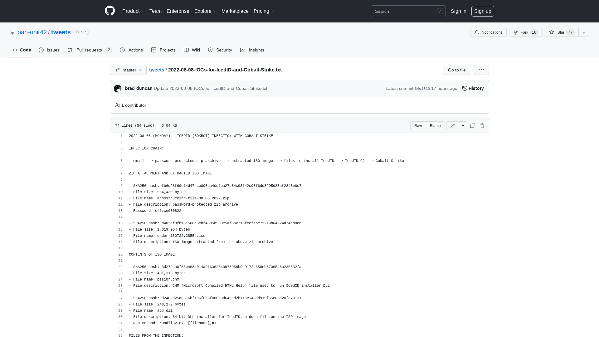 tweets/2022-08-08-IOCs-for-IcedID-and-Cobalt-Strike.txt at master · pan-unit42/tweets · GitHub