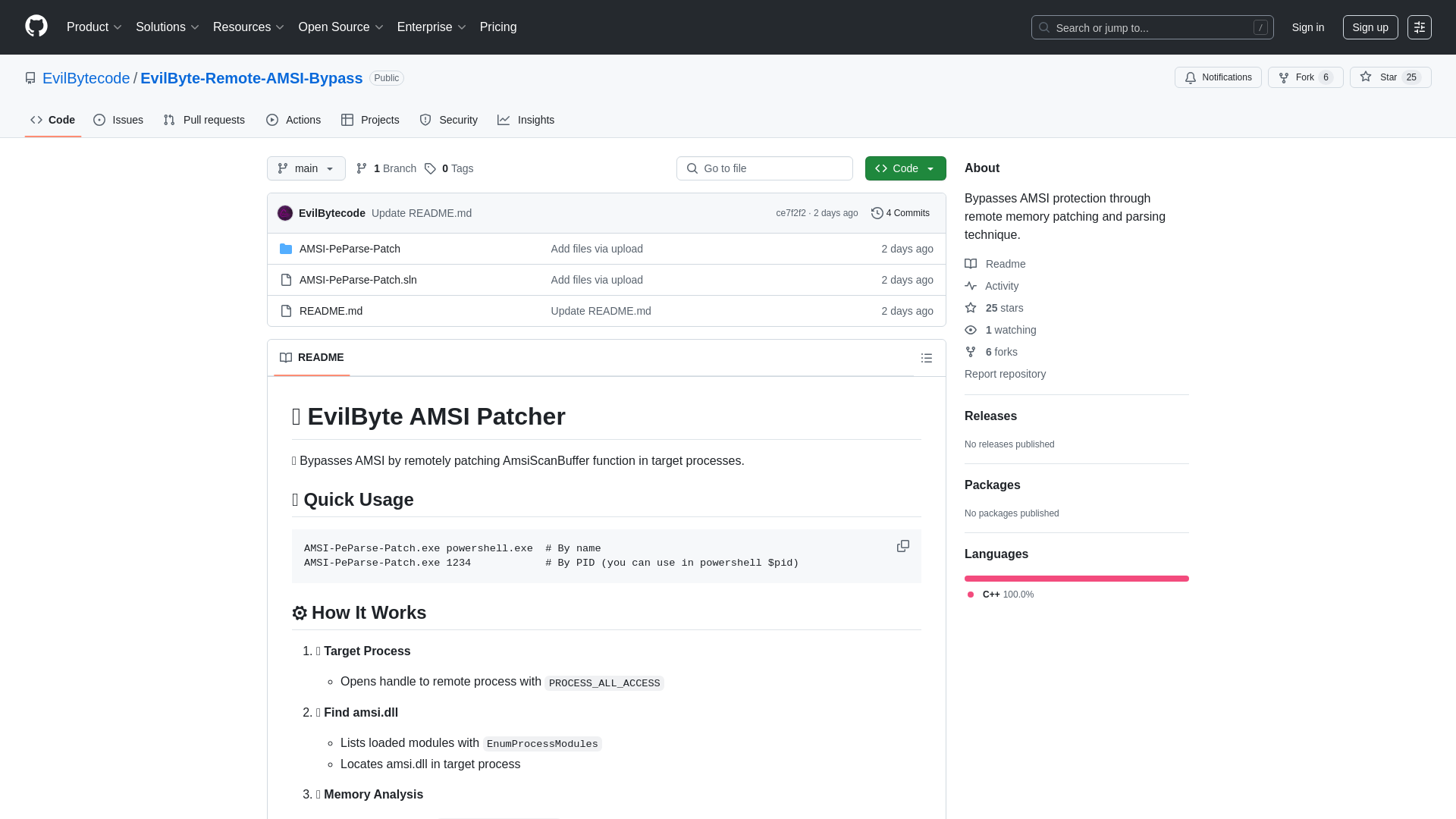 GitHub - EvilBytecode/EvilByte-Remote-AMSI-Bypass: Bypasses AMSI protection through remote memory patching and parsing technique.