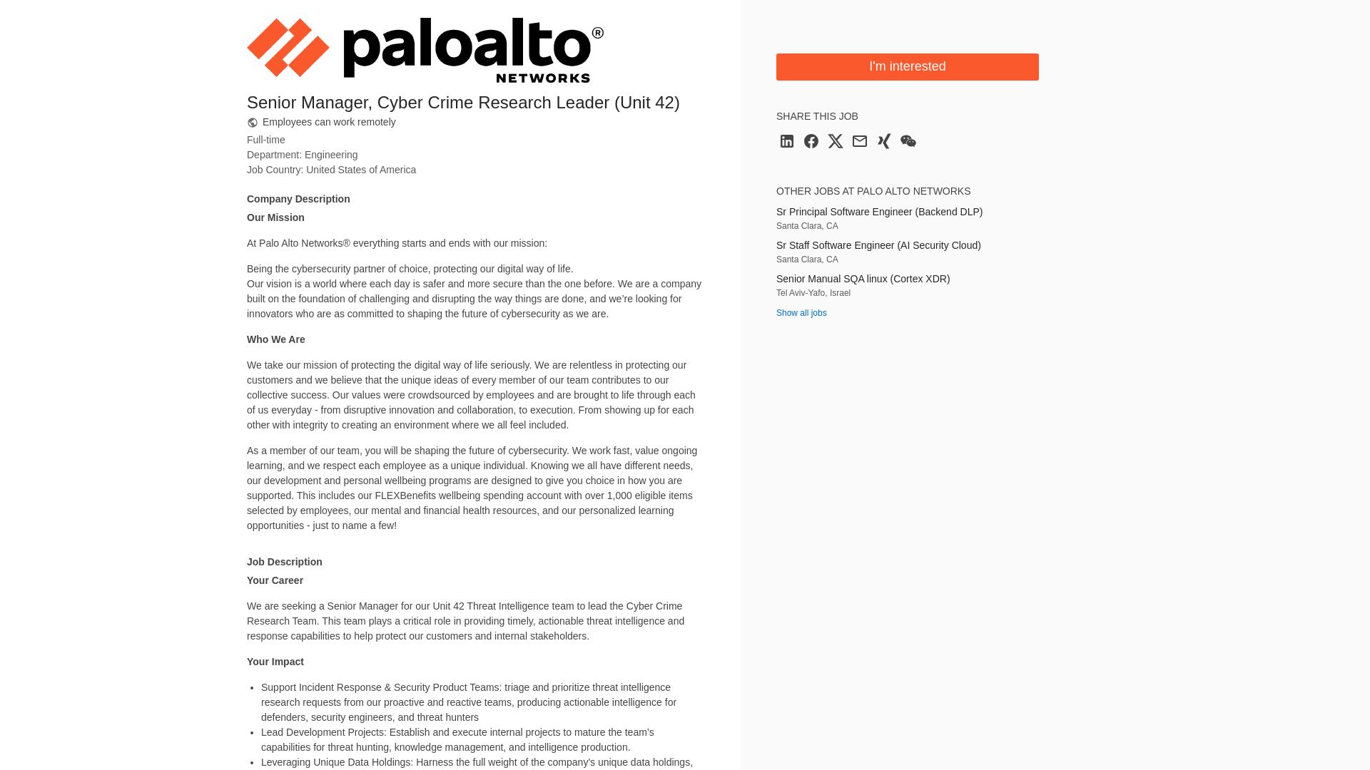 Palo Alto Networks Senior Manager, Cyber Crime Research Leader (Unit 42) | SmartRecruiters