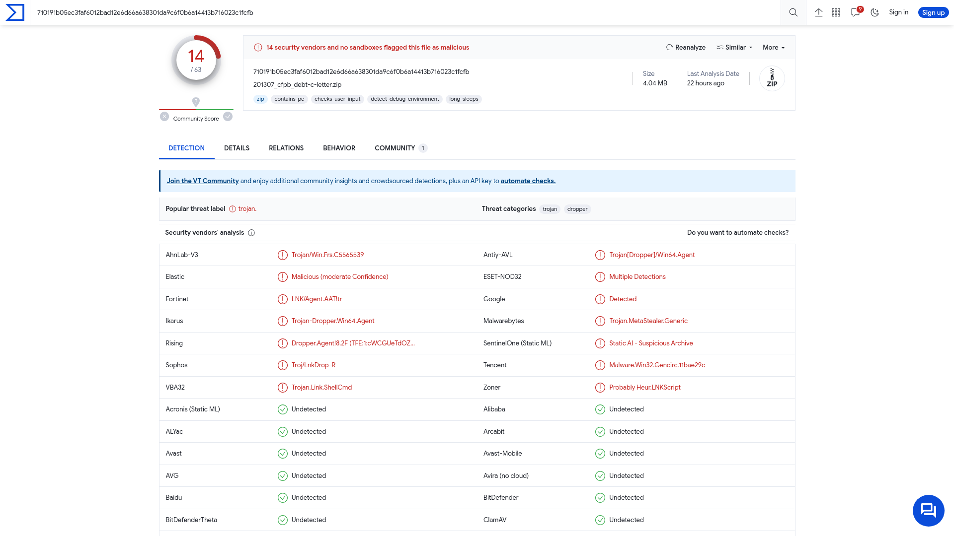 VirusTotal - File - 710191b05ec3faf6012bad12e6d66a638301da9c6f0b6a14413b716023c1fcfb