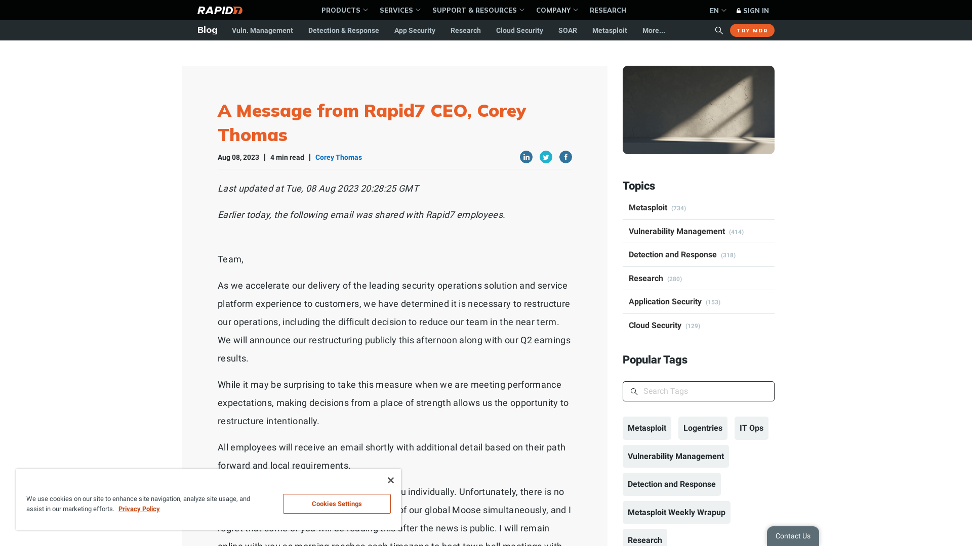 A Message from Rapid7 CEO, Corey Thomas | Rapid7 Blog