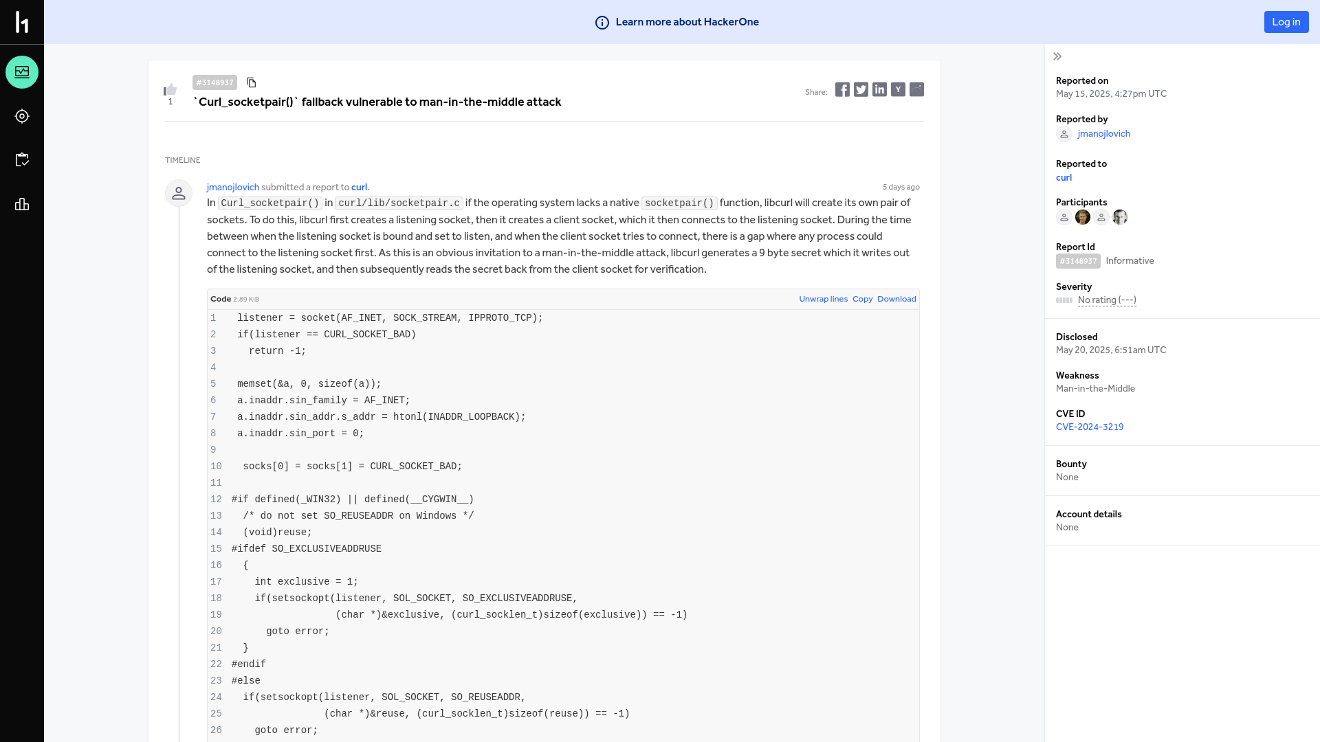 curl | Report #3148937 - `Curl_socketpair()` fallback vulnerable to man-in-the-middle attack | HackerOne