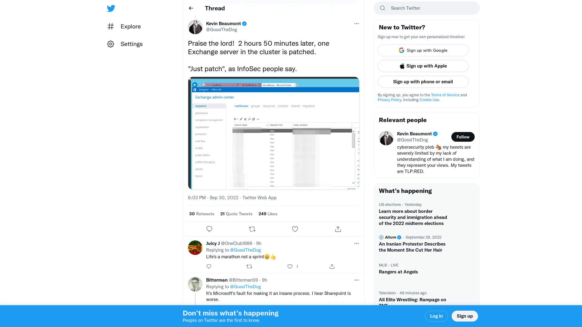 Kevin Beaumont on Twitter: "Praise the lord! 2 hours 50 minutes later, one Exchange server in the cluster is patched. "Just patch", as InfoSec people say. https://t.co/jjCdwzJ0Gd" / Twitter