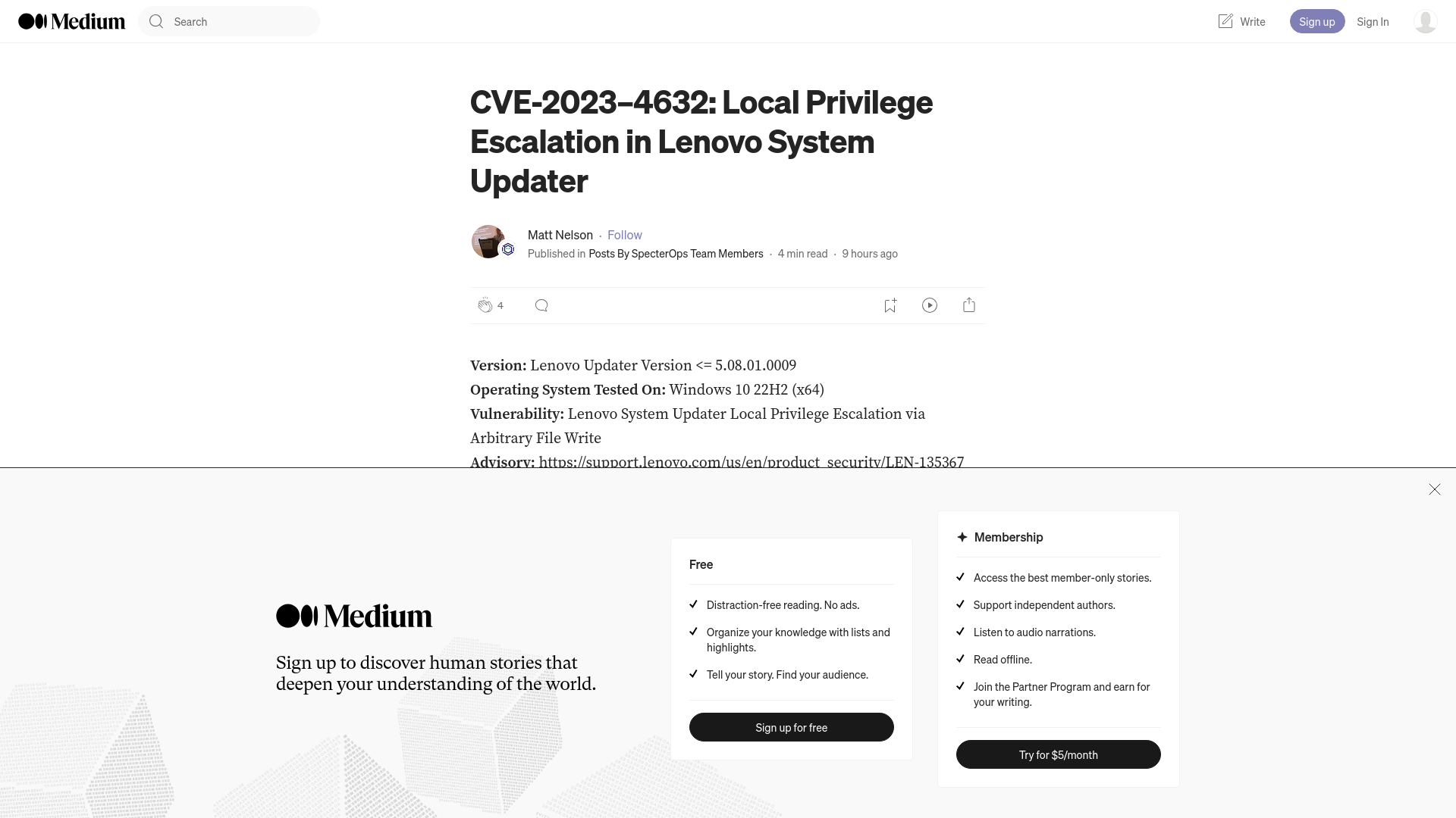 CVE-2023–4632: Local Privilege Escalation in Lenovo System Updater | by Matt Nelson | Oct, 2023 | Posts By SpecterOps Team Members