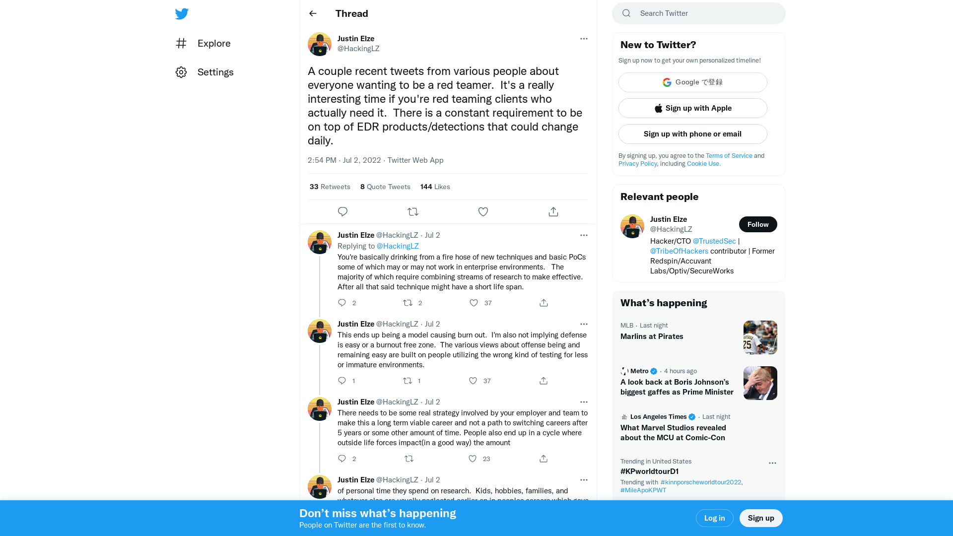 Justin Elze on Twitter: "A couple recent tweets from various people about everyone wanting to be a red teamer. It's a really interesting time if you're red teaming clients who actually need it. There is a constant requirement to be on top of EDR products/detections that could change daily." / Twitter