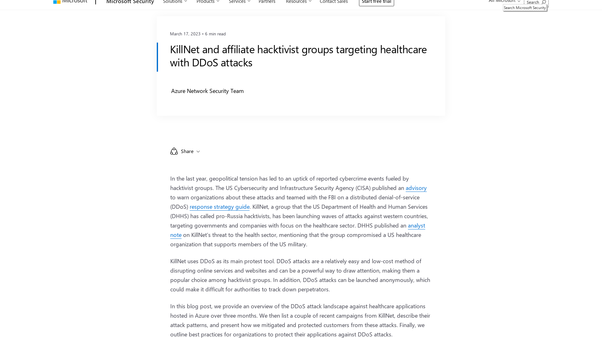 KillNet and affiliate hacktivist groups targeting healthcare with DDoS attacks - Microsoft Security Blog