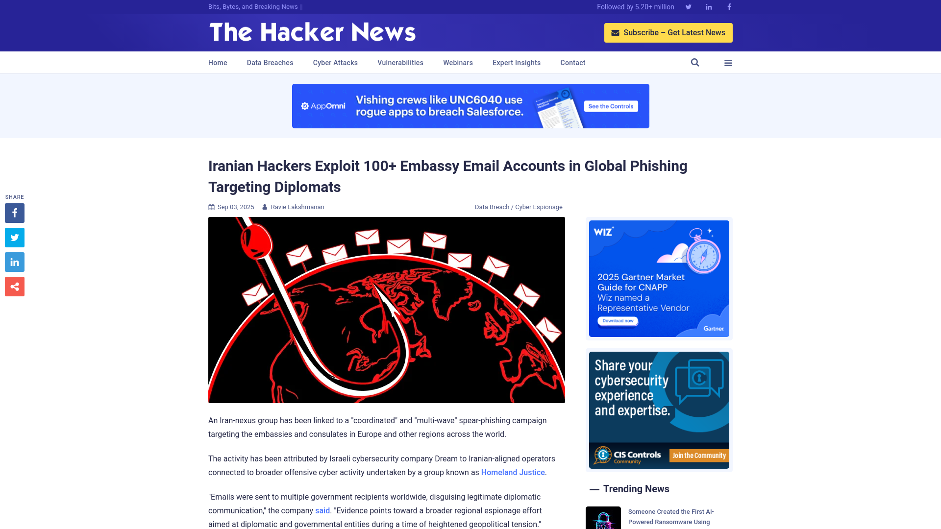 Iranian Hackers Exploit 100+ Embassy Email Accounts in Global Phishing Targeting Diplomats