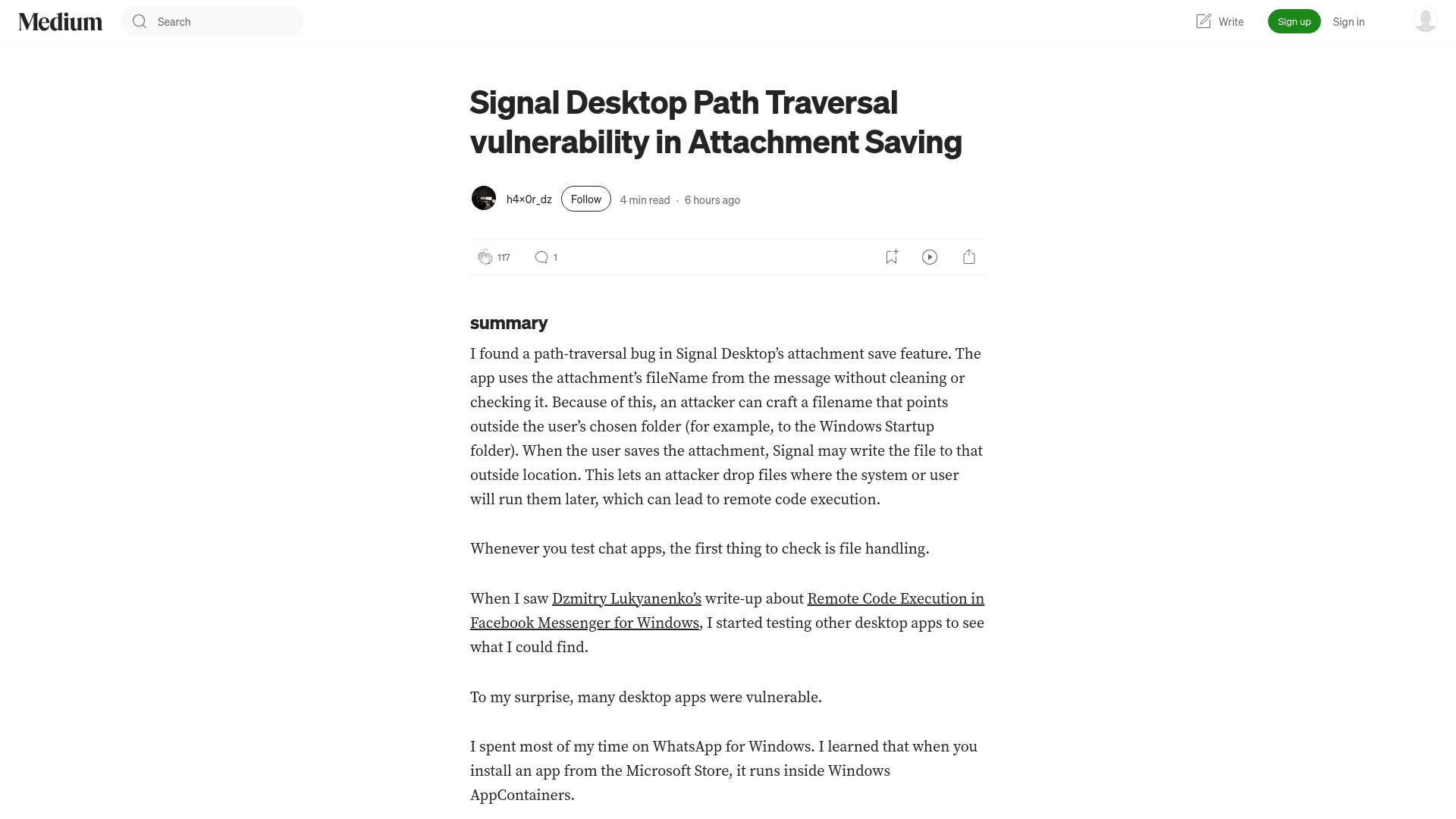 Signal Desktop Path Traversal vulnerability in Attachment Saving | by h4x0r_dz | Nov, 2025 | Medium