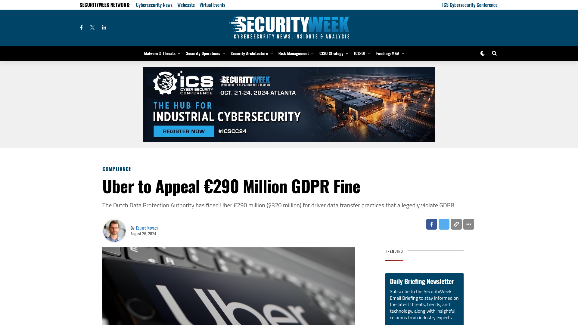 Uber to Appeal €290 Million GDPR Fine - SecurityWeek