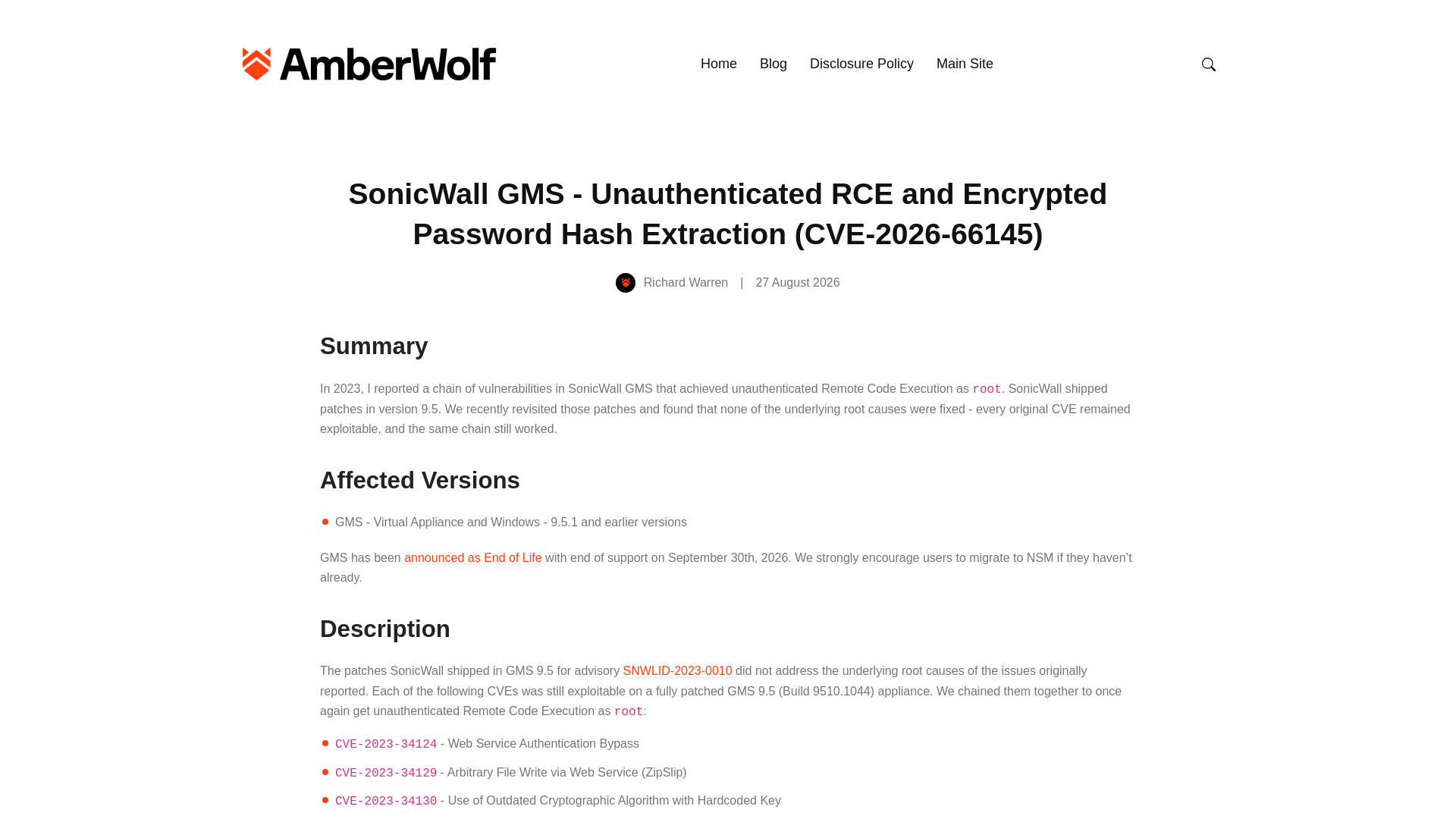 SonicWall GMS - Unauthenticated RCE and Encrypted Password Hash Extraction (CVE-2026-66145)