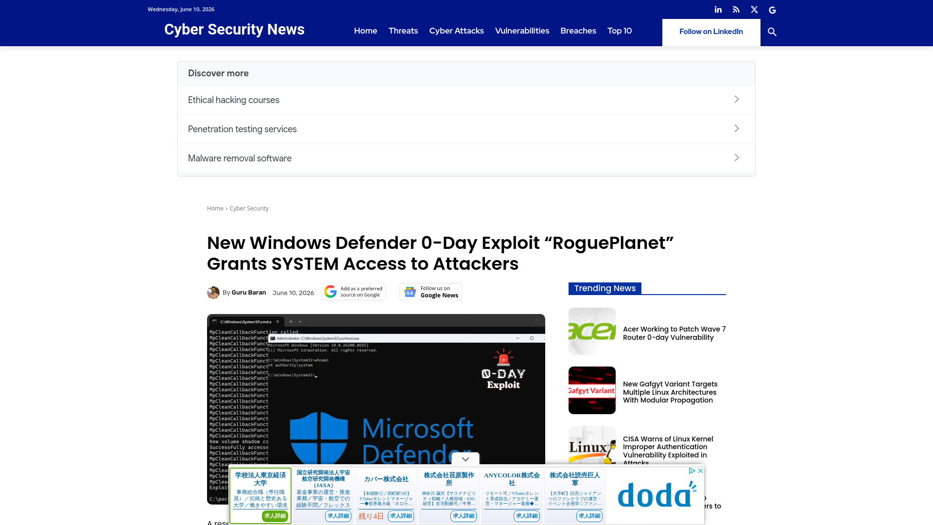 New Windows Defender 0-Day Exploit “RoguePlanet” Grants SYSTEM Access to Attackers