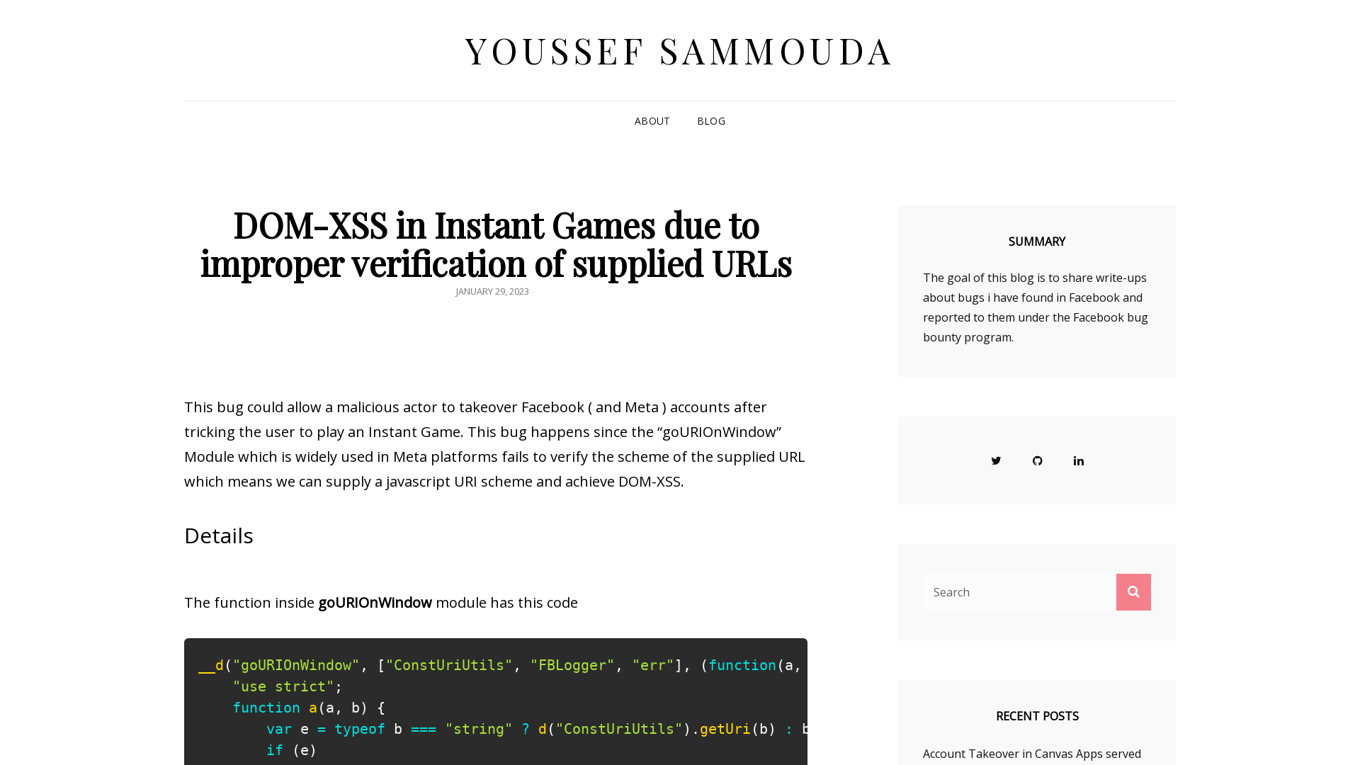 DOM-XSS in Instant Games due to improper verification of supplied URLs – Youssef Sammouda