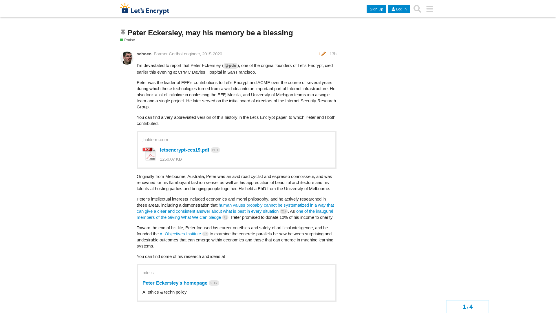 Peter Eckersley, may his memory be a blessing - Praise - Let's Encrypt Community Support