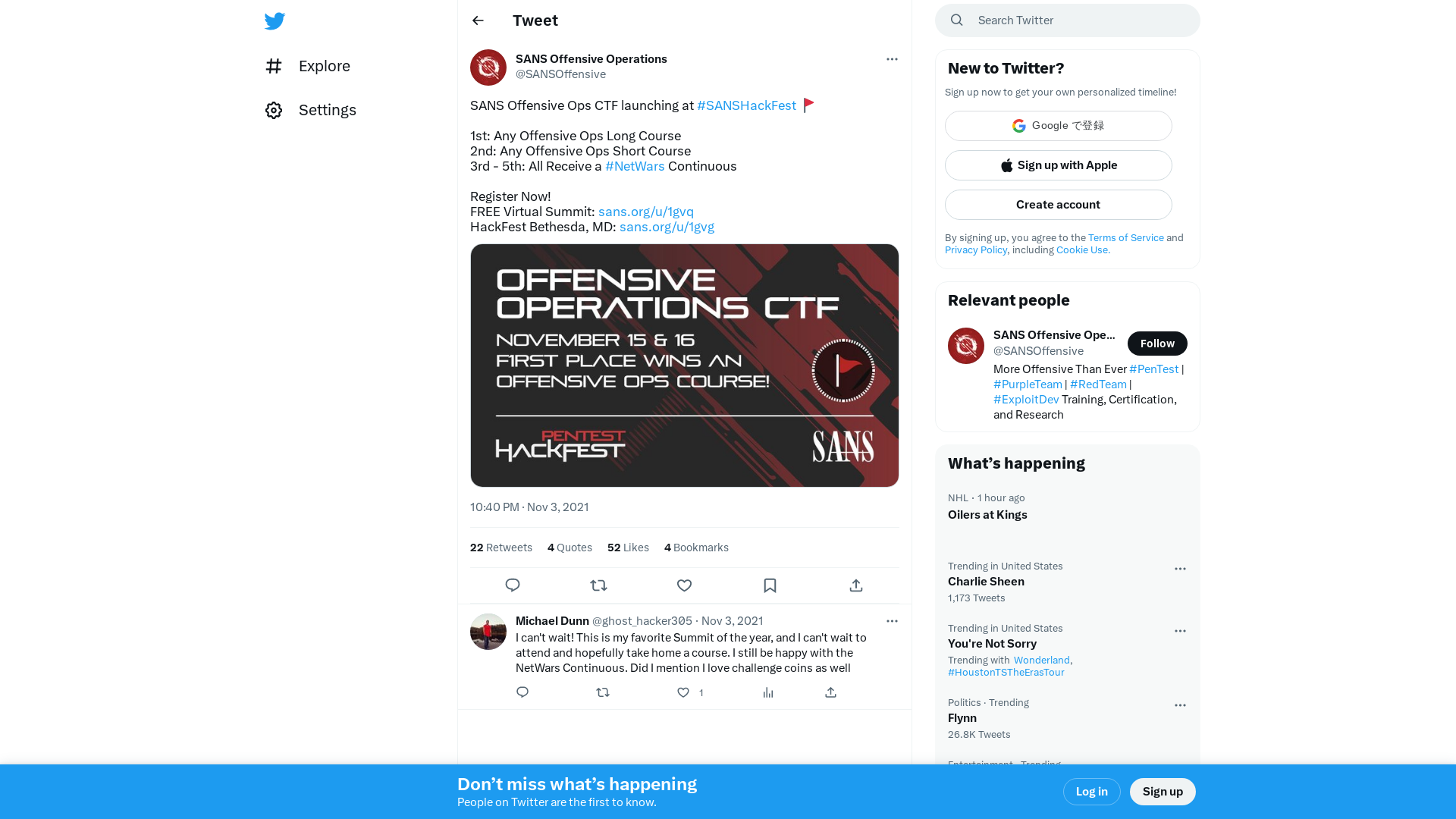 SANS Offensive Operations on Twitter: "SANS Offensive Ops CTF launching at #SANSHackFest 🚩 1st: Any Offensive Ops Long Course 2nd: Any Offensive Ops Short Course 3rd - 5th: All Receive a #NetWars Continuous Register Now! FREE Virtual Summit: https://t.co/TeVLk7o8aB HackFest Bethesda, MD: https://t.co/ZpYZ2XYYQY https://t.co/lf2bVmcdK4" / Twitter