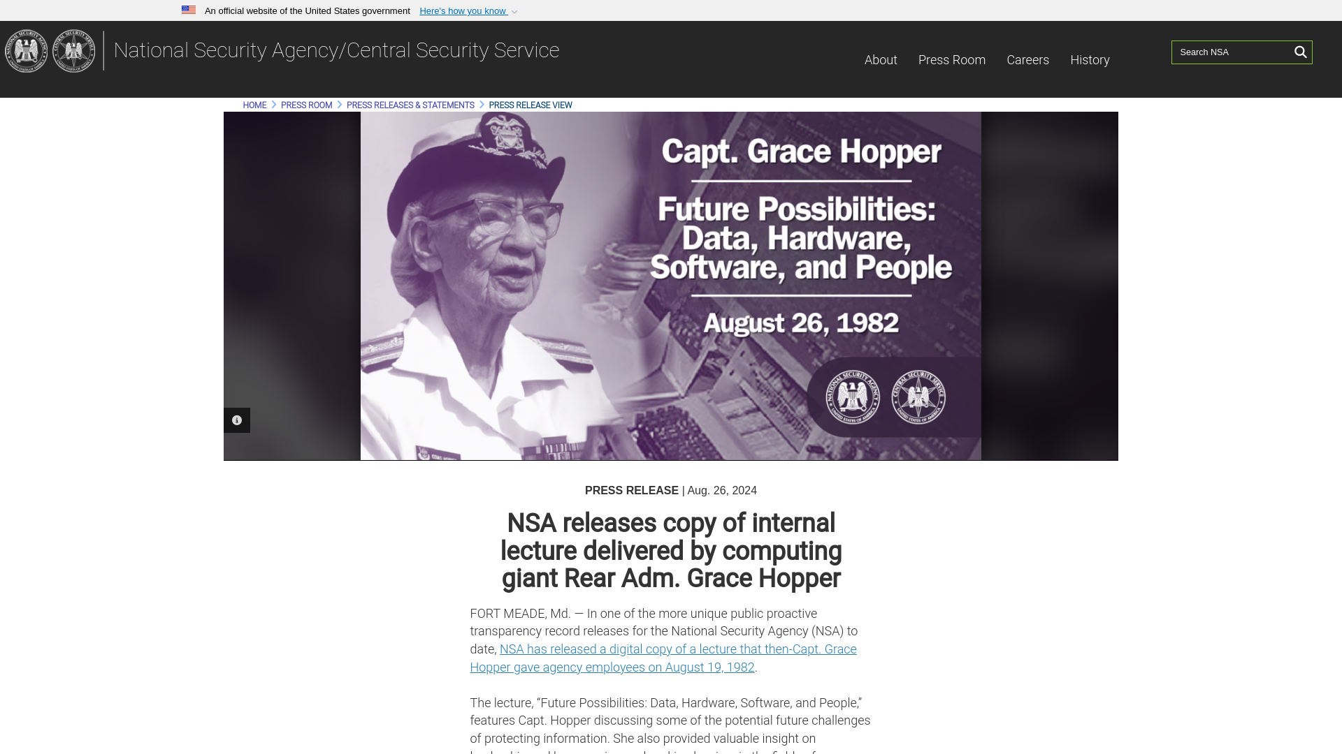 NSA releases copy of internal lecture delivered by computing giant Rear Adm. Grace Hopper > National Security Agency/Central Security Service > Press Release View