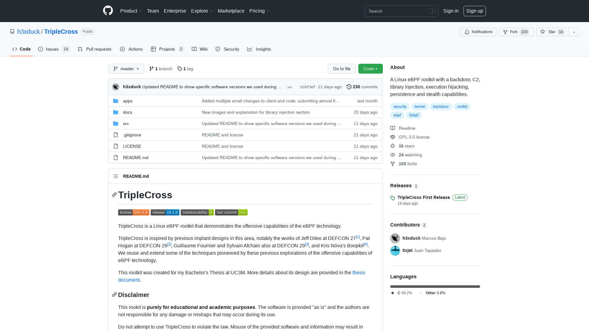 GitHub - h3xduck/TripleCross: A Linux eBPF rootkit with a backdoor, C2, library injection, execution hijacking, persistence and stealth capabilities.