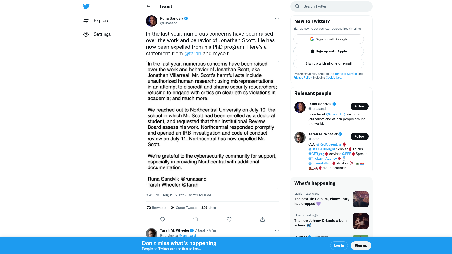 Runa Sandvik on Twitter: "In the last year, numerous concerns have been raised over the work and behavior of Jonathan Scott. He has now been expelled from his PhD program. Here’s a statement from @tarah and myself. https://t.co/yTLTCVSNzs" / Twitter