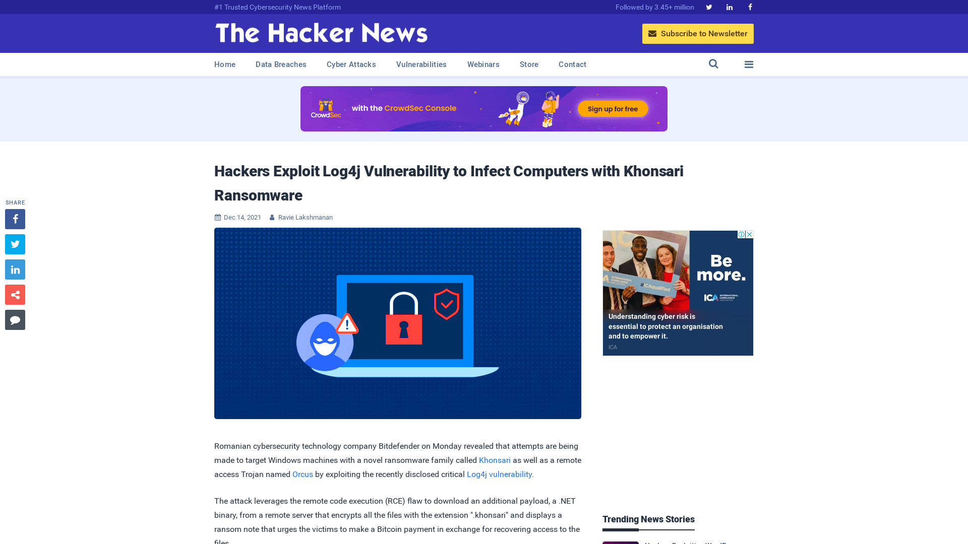 Hackers Exploit Log4j Vulnerability to Infect Computers with Khonsari Ransomware
