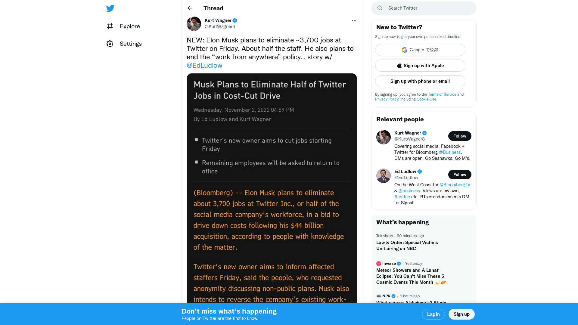 Kurt Wagner on Twitter: "NEW: Elon Musk plans to eliminate ~3,700 jobs at Twitter on Friday. About half the staff. He also plans to end the “work from anywhere” policy… story w/ @EdLudlow https://t.co/mADZUbJcDy" / Twitter