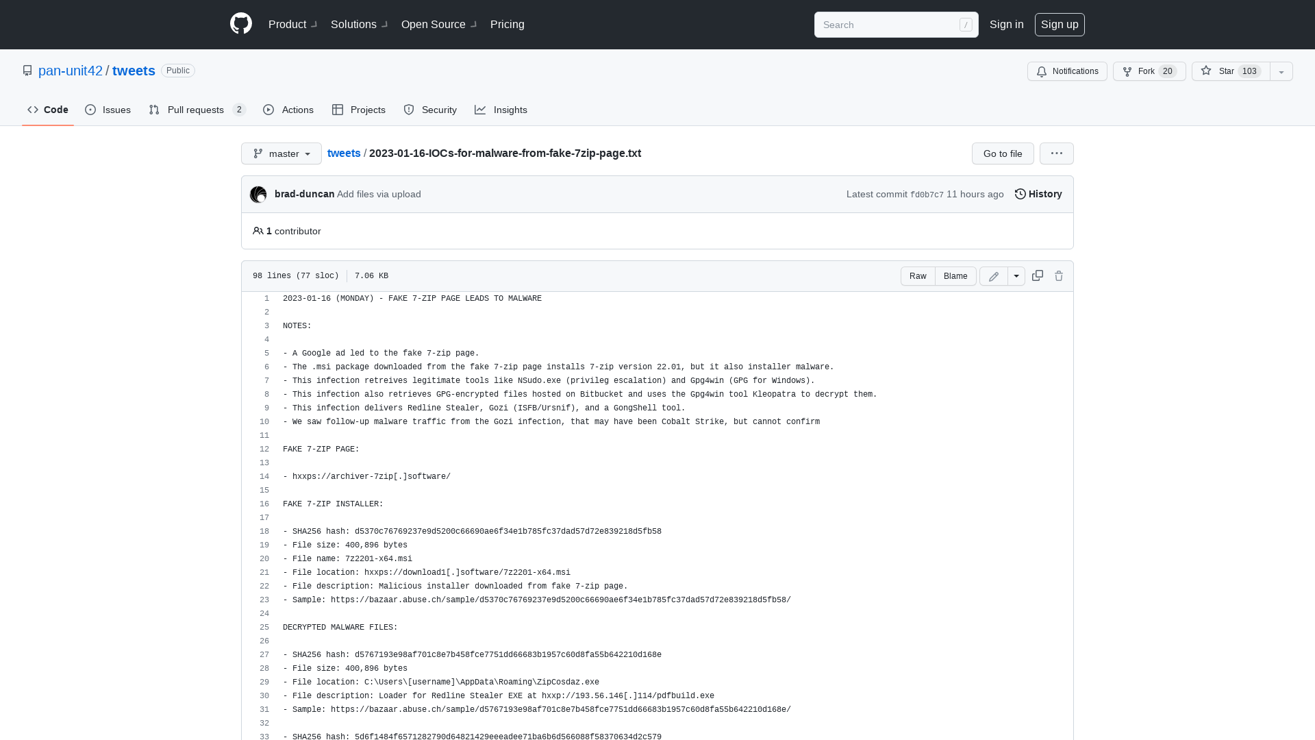 tweets/2023-01-16-IOCs-for-malware-from-fake-7zip-page.txt at master · pan-unit42/tweets · GitHub