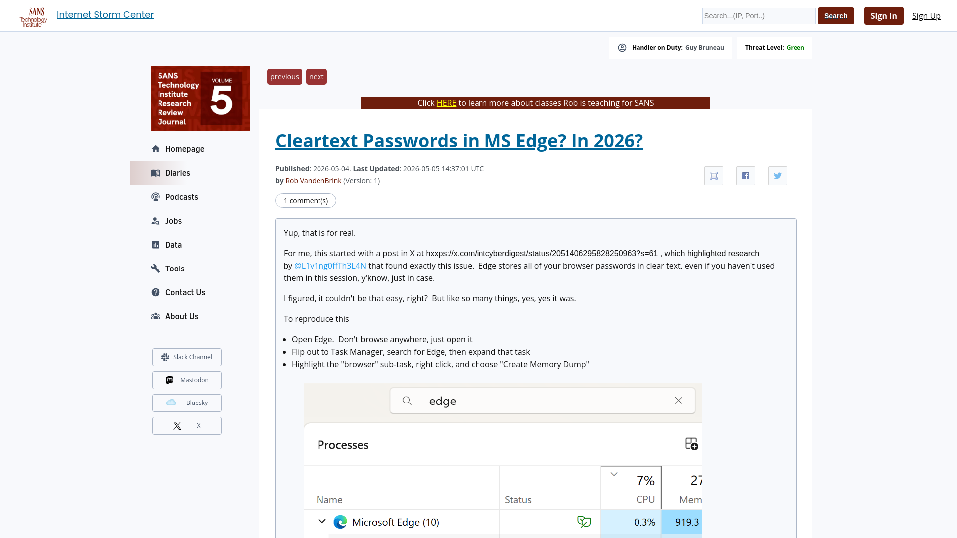Cleartext Passwords in MS Edge? In 2026? - SANS ISC