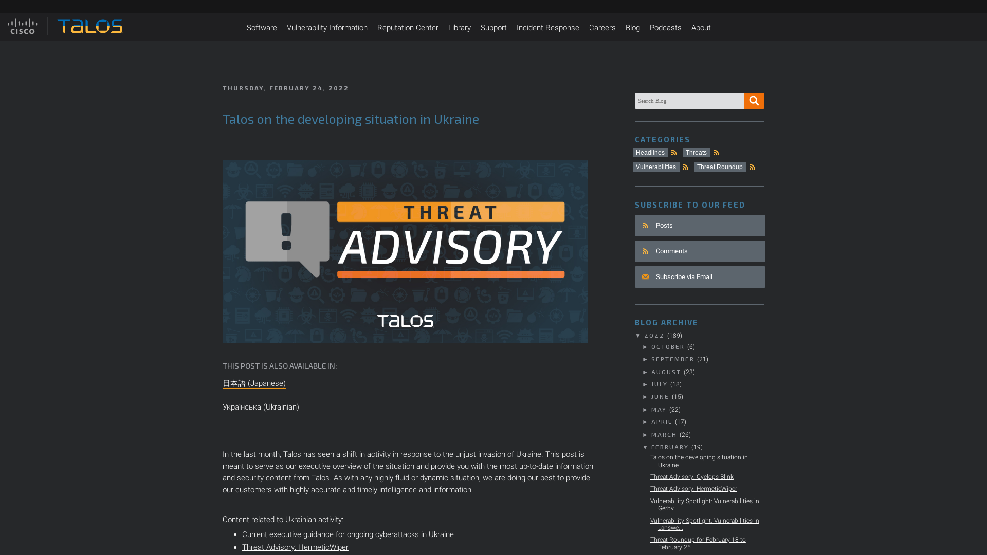 Cisco Talos Intelligence Group - Comprehensive Threat Intelligence: Talos on the developing situation in Ukraine