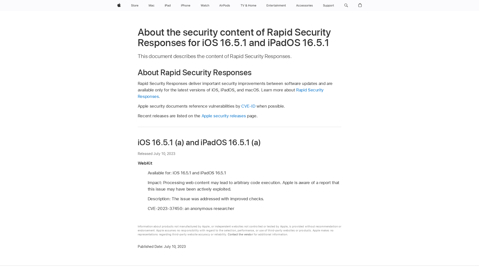 About the security content of Rapid Security Responses for iOS 16.5.1 and iPadOS 16.5.1 - Apple Support