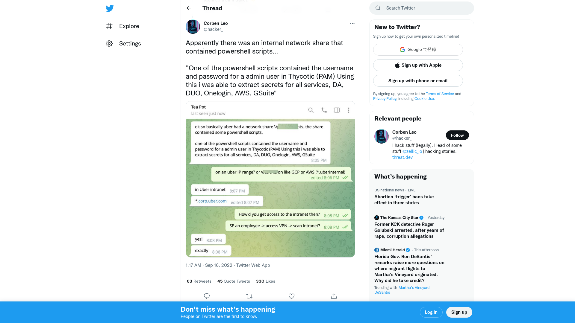 Corben Leo on Twitter: "Apparently there was an internal network share that contained powershell scripts... "One of the powershell scripts contained the username and password for a admin user in Thycotic (PAM) Using this i was able to extract secrets for all services, DA, DUO, Onelogin, AWS, GSuite" https://t.co/FhszpxxUEW" / Twitter