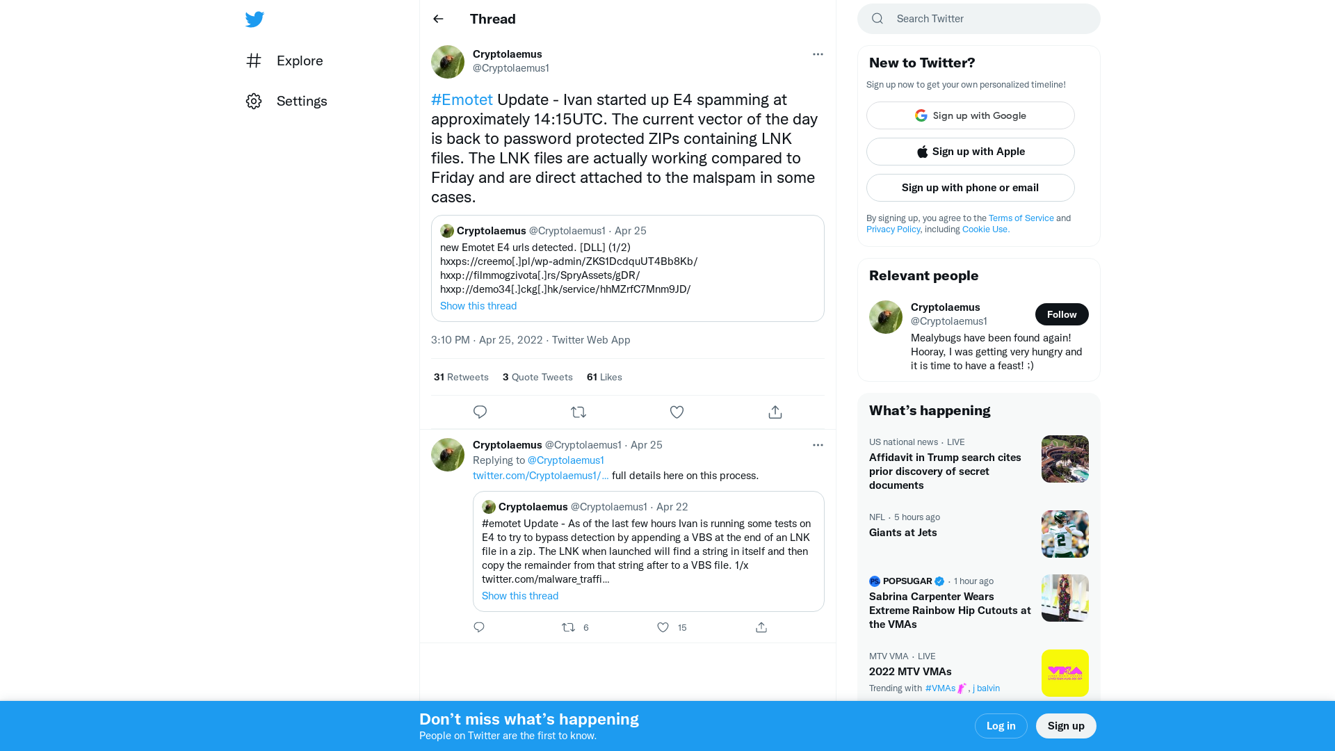 Cryptolaemus on Twitter: "#Emotet Update - Ivan started up E4 spamming at approximately 14:15UTC. The current vector of the day is back to password protected ZIPs containing LNK files. The LNK files are actually working compared to Friday and are direct attached to the malspam in some cases." / Twitter