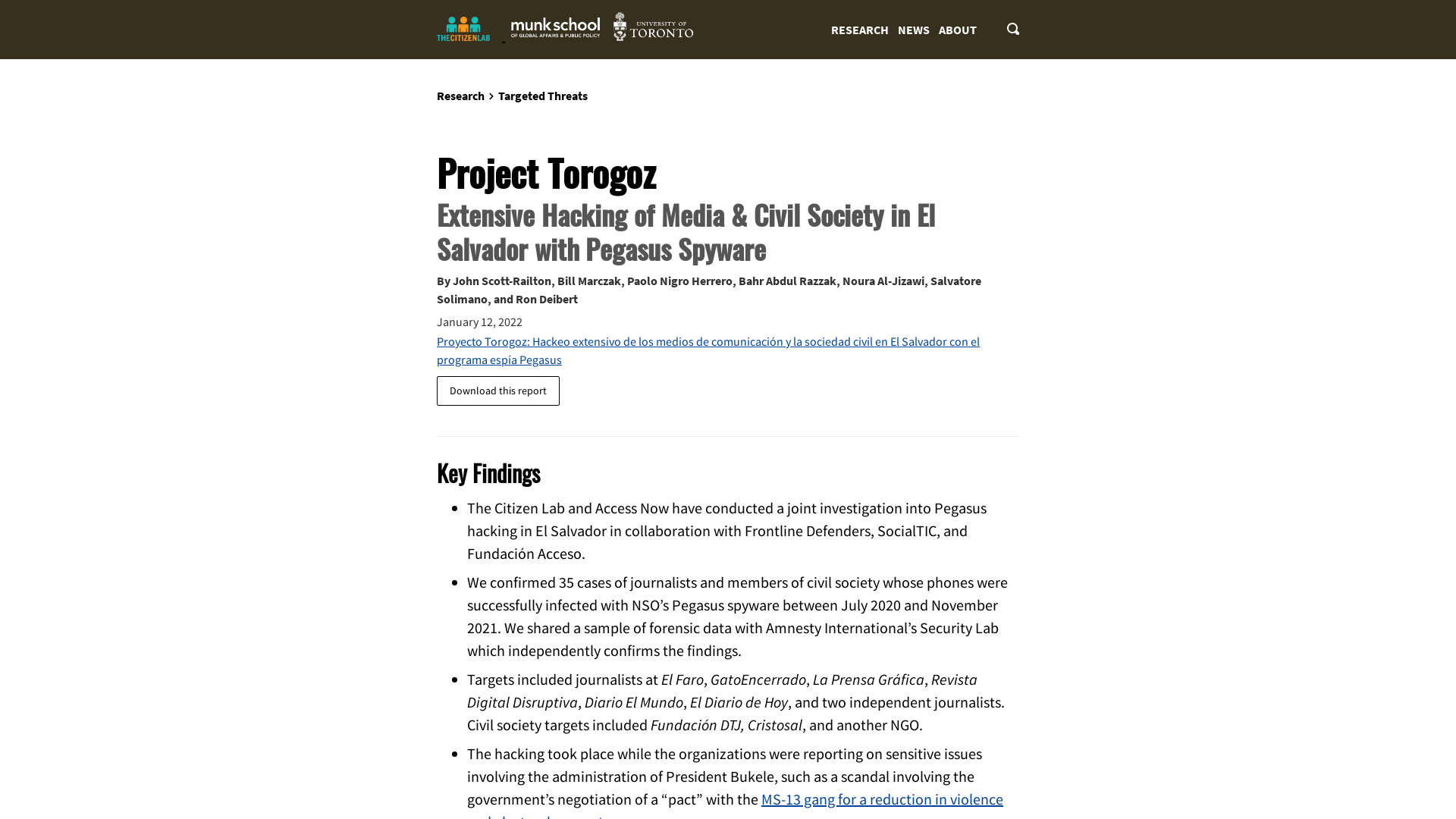 Project Torogoz: Extensive Hacking of Media & Civil Society in El Salvador with Pegasus Spyware - The Citizen Lab