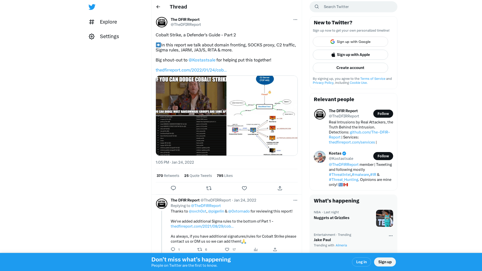 The DFIR Report on Twitter: "Cobalt Strike, a Defender's Guide - Part 2 ➡️In this report we talk about domain fronting, SOCKS proxy, C2 traffic, Sigma rules, JARM, JA3/S, RITA &amp; more. Big shout-out to @Kostastsale for helping put this together! https://t.co/QoamWA67ve https://t.co/umcJFzAGcU" / Twitter