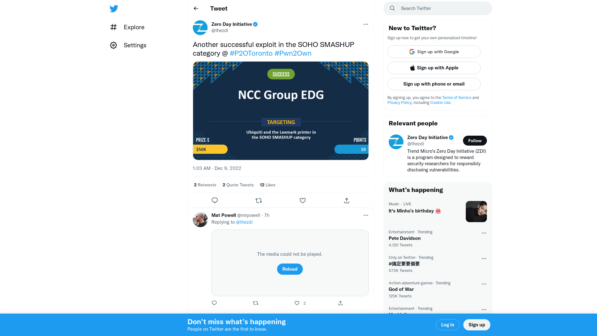 Zero Day Initiative on Twitter: "Another successful exploit in the SOHO SMASHUP category @ #P2OToronto #Pwn2Own https://t.co/8Qty12wmU1" / Twitter