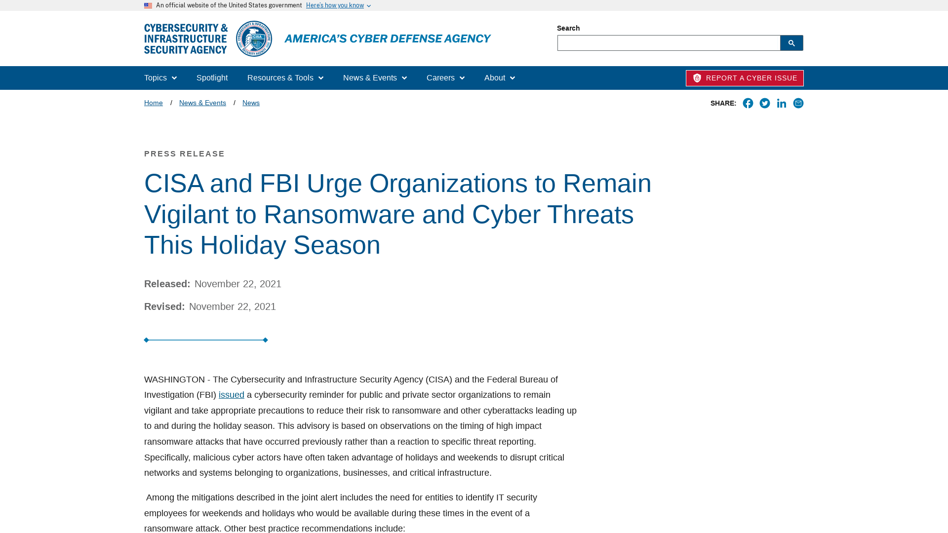 CISA and FBI Urge Organizations to Remain Vigilant to Ransomware and Cyber Threats This Holiday Season | CISA