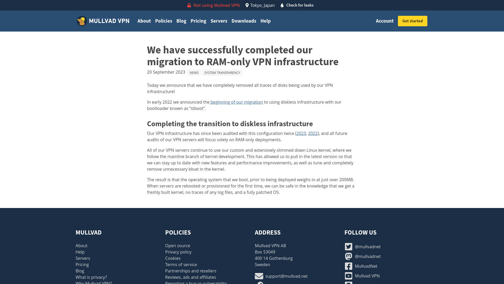 We have successfully completed our migration to RAM-only VPN infrastructure - Blog | Mullvad VPN