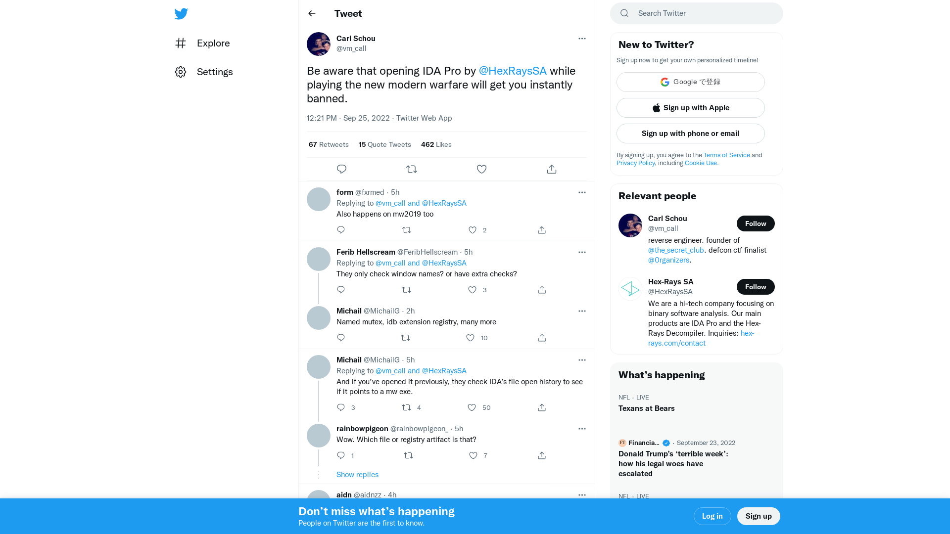 Carl Schou on Twitter: "Be aware that opening IDA Pro by @HexRaysSA while playing the new modern warfare will get you instantly banned." / Twitter