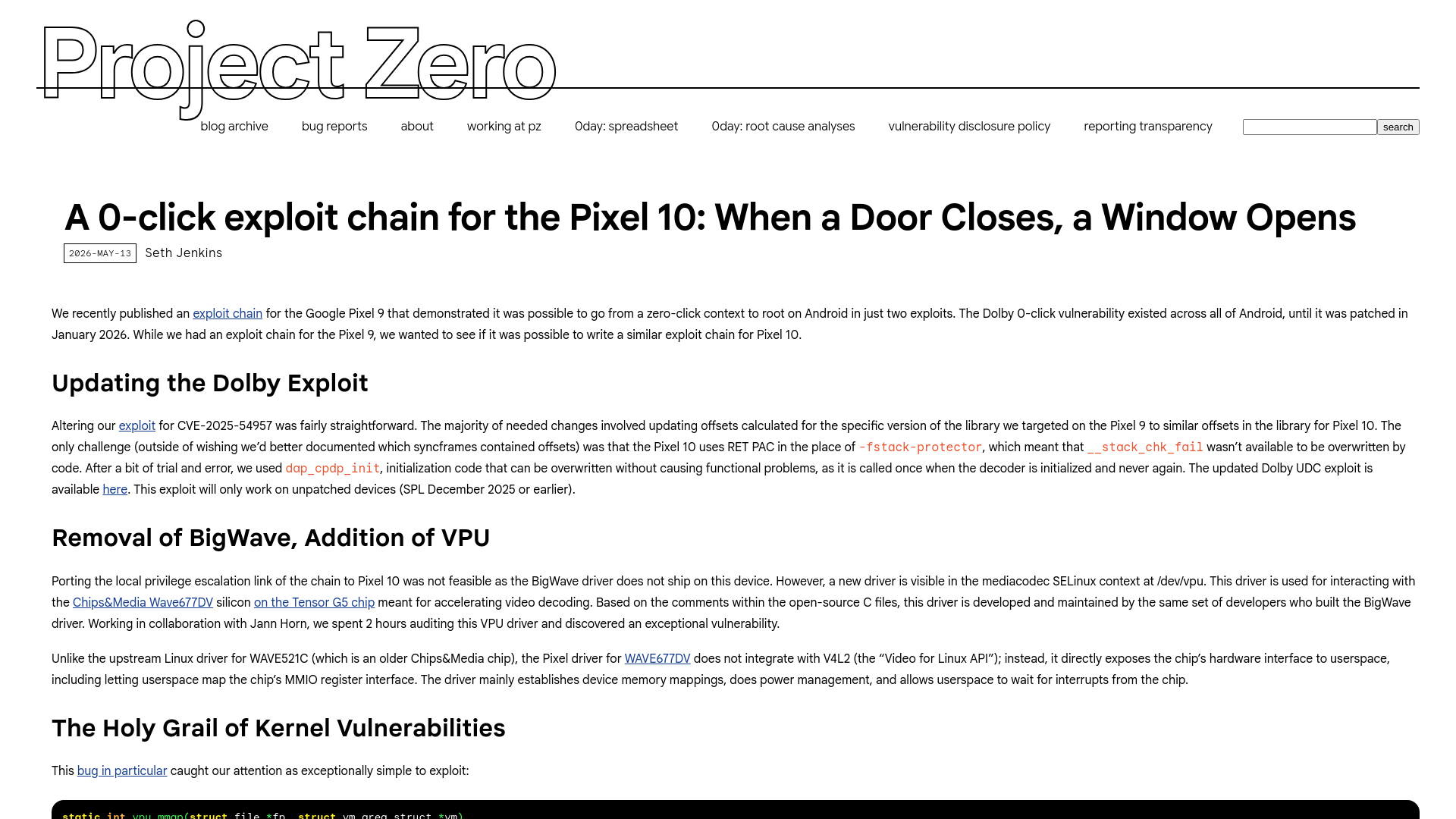 A 0-click exploit chain for the Pixel 10: When a Door Closes, a Window Opens - Project Zero