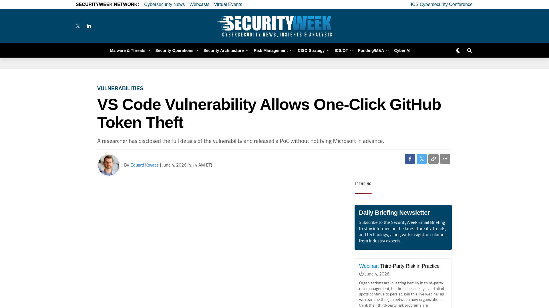 VS Code Vulnerability Allows One-Click GitHub Token Theft - SecurityWeek