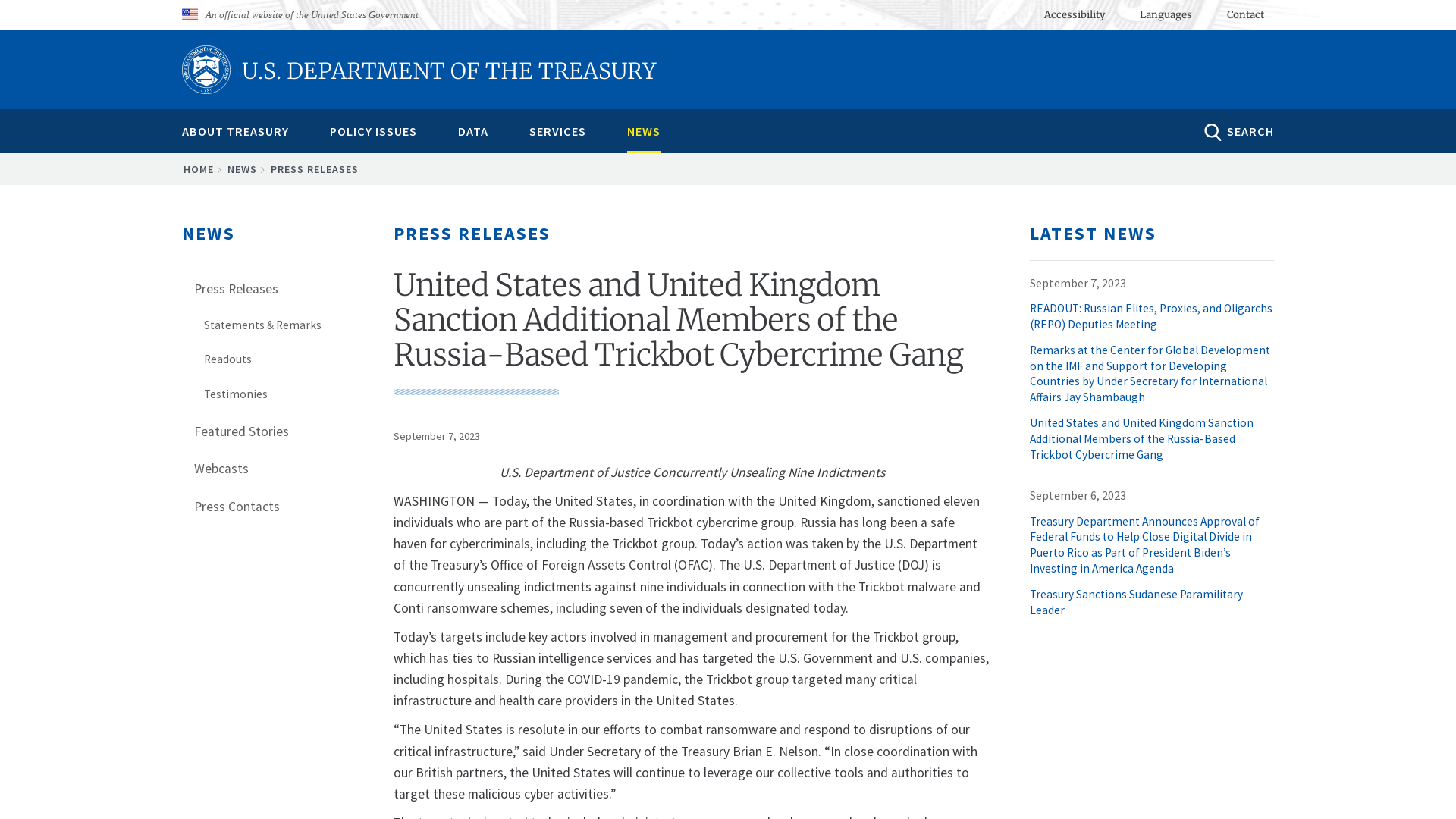 United States and United Kingdom Sanction Additional Members of the Russia-Based Trickbot Cybercrime Gang | U.S. Department of the Treasury