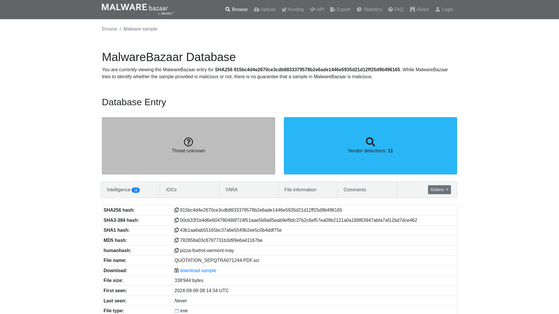 MalwareBazaar | SHA256 915bc4d4e2670ce3cdb8833379578b2e6ade1446e5935d21d12ff25d9b496165