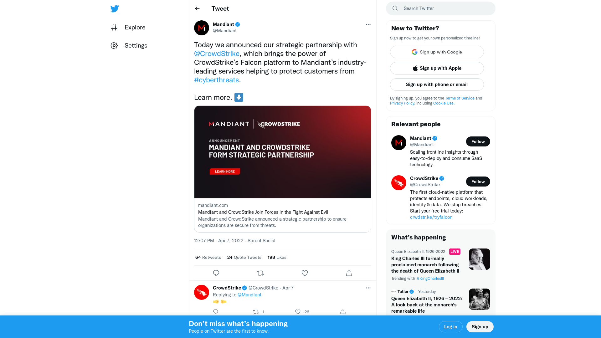 Mandiant on Twitter: "Today we announced our strategic partnership with @CrowdStrike, which brings the power of CrowdStrike’s Falcon platform to Mandiant’s industry-leading services helping to protect customers from #cyberthreats. Learn more. ⬇️ https://t.co/JjarahaEfA" / Twitter