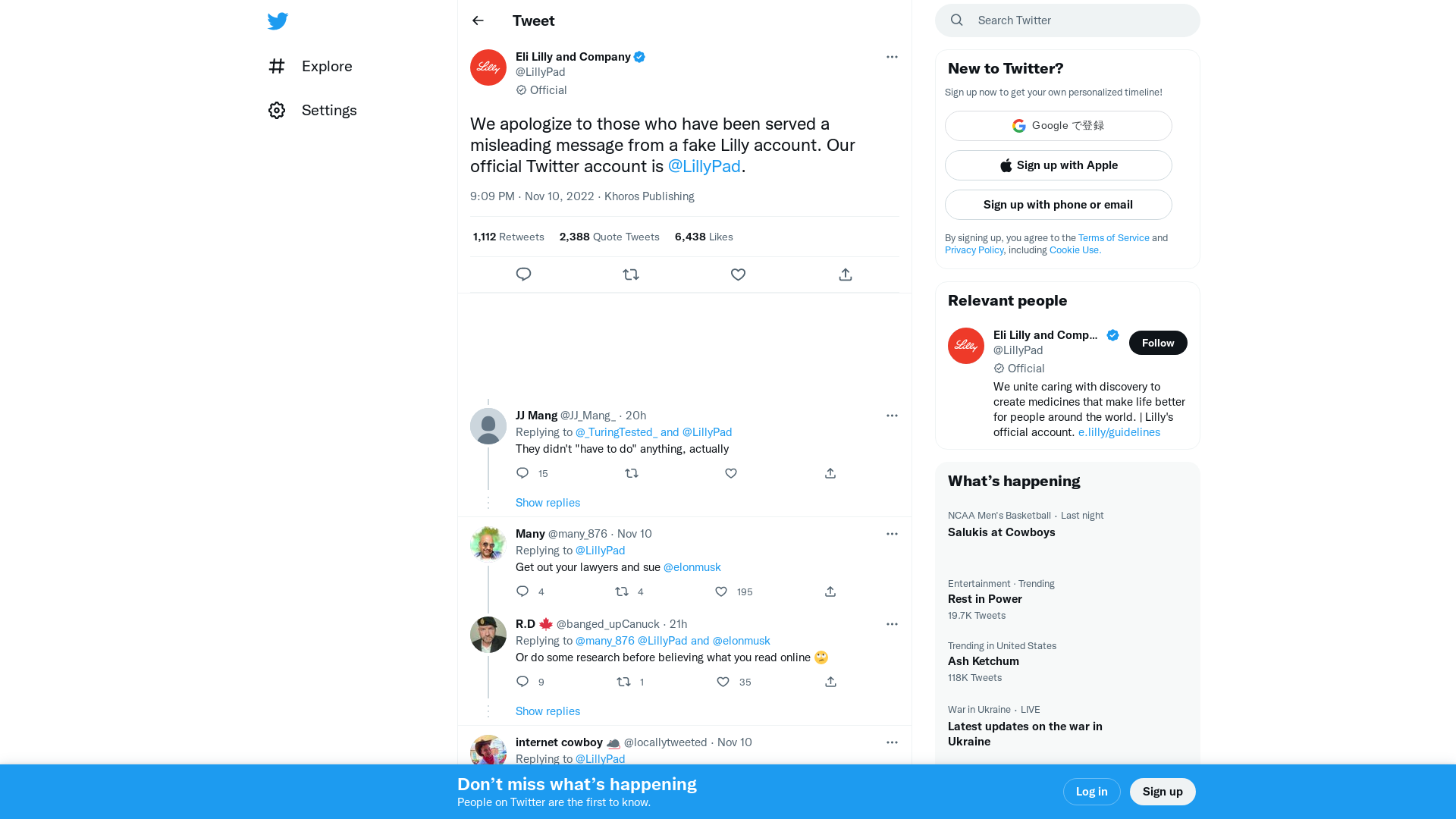 Eli Lilly and Company on Twitter: "We apologize to those who have been served a misleading message from a fake Lilly account. Our official Twitter account is @LillyPad." / Twitter