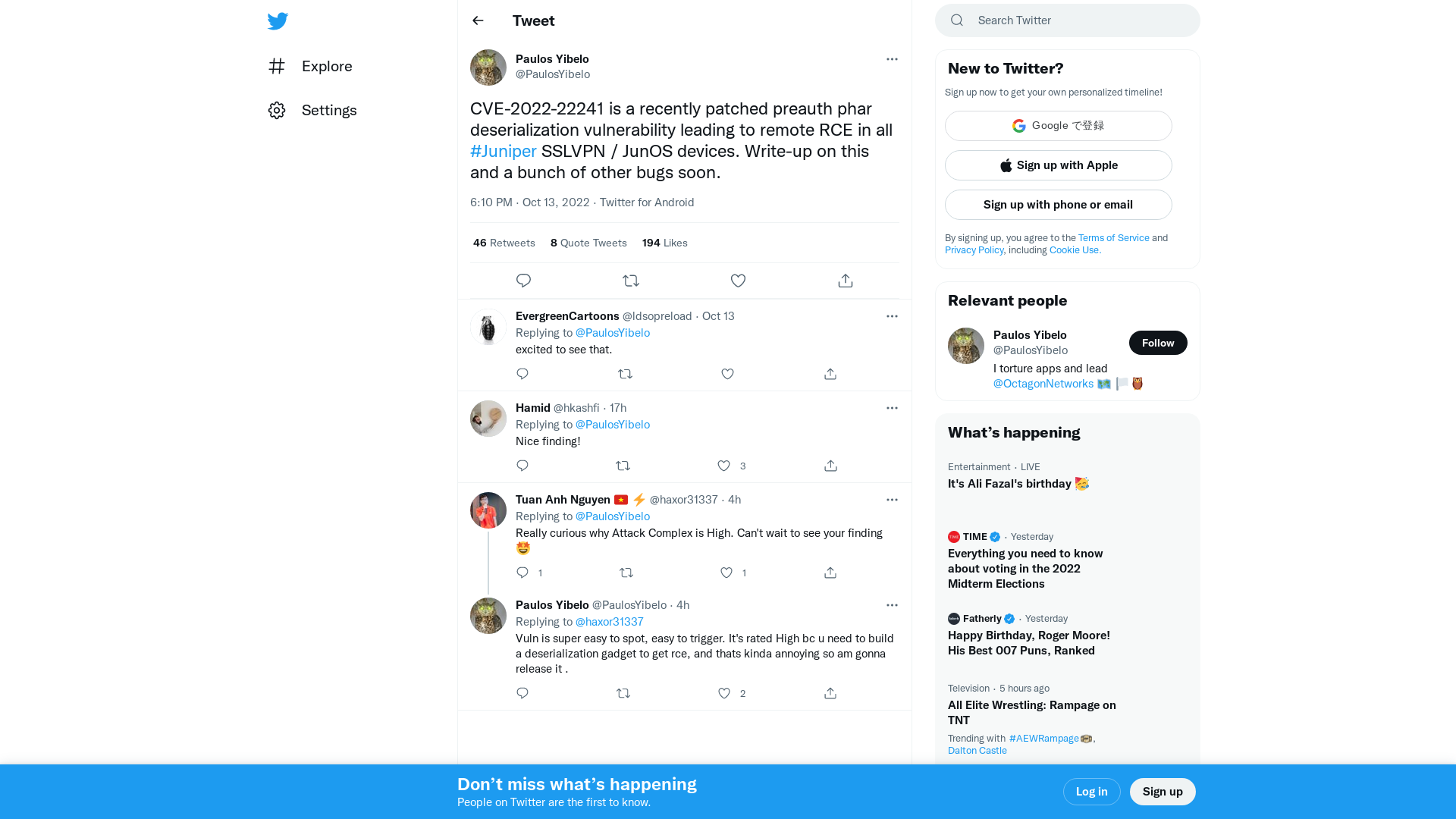 Paulos Yibelo on Twitter: "CVE-2022-22241 is a recently patched preauth phar deserialization vulnerability leading to remote RCE in all #Juniper SSLVPN / JunOS devices. Write-up on this and a bunch of other bugs soon." / Twitter