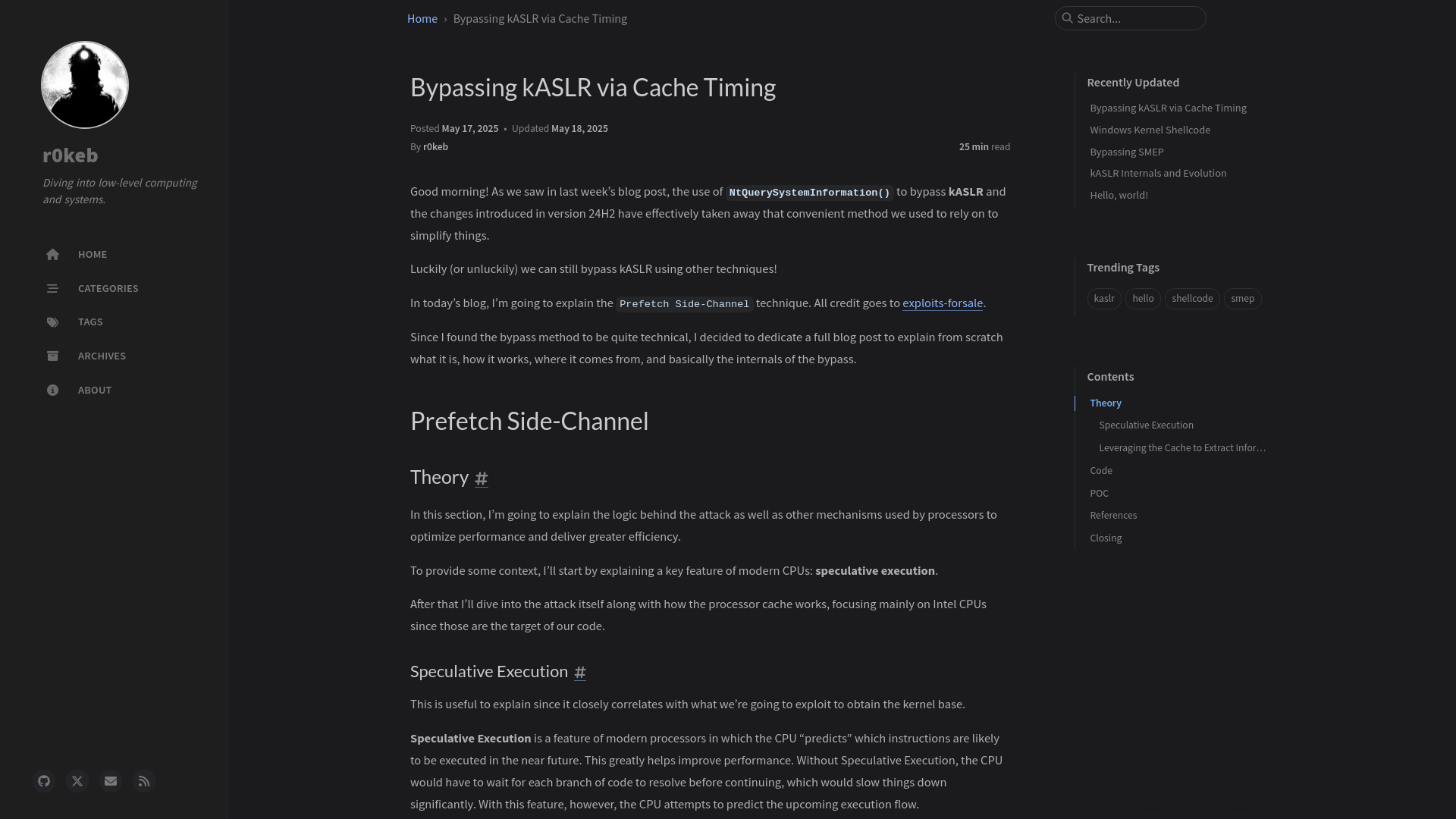 Bypassing kASLR via Cache Timing | r0keb