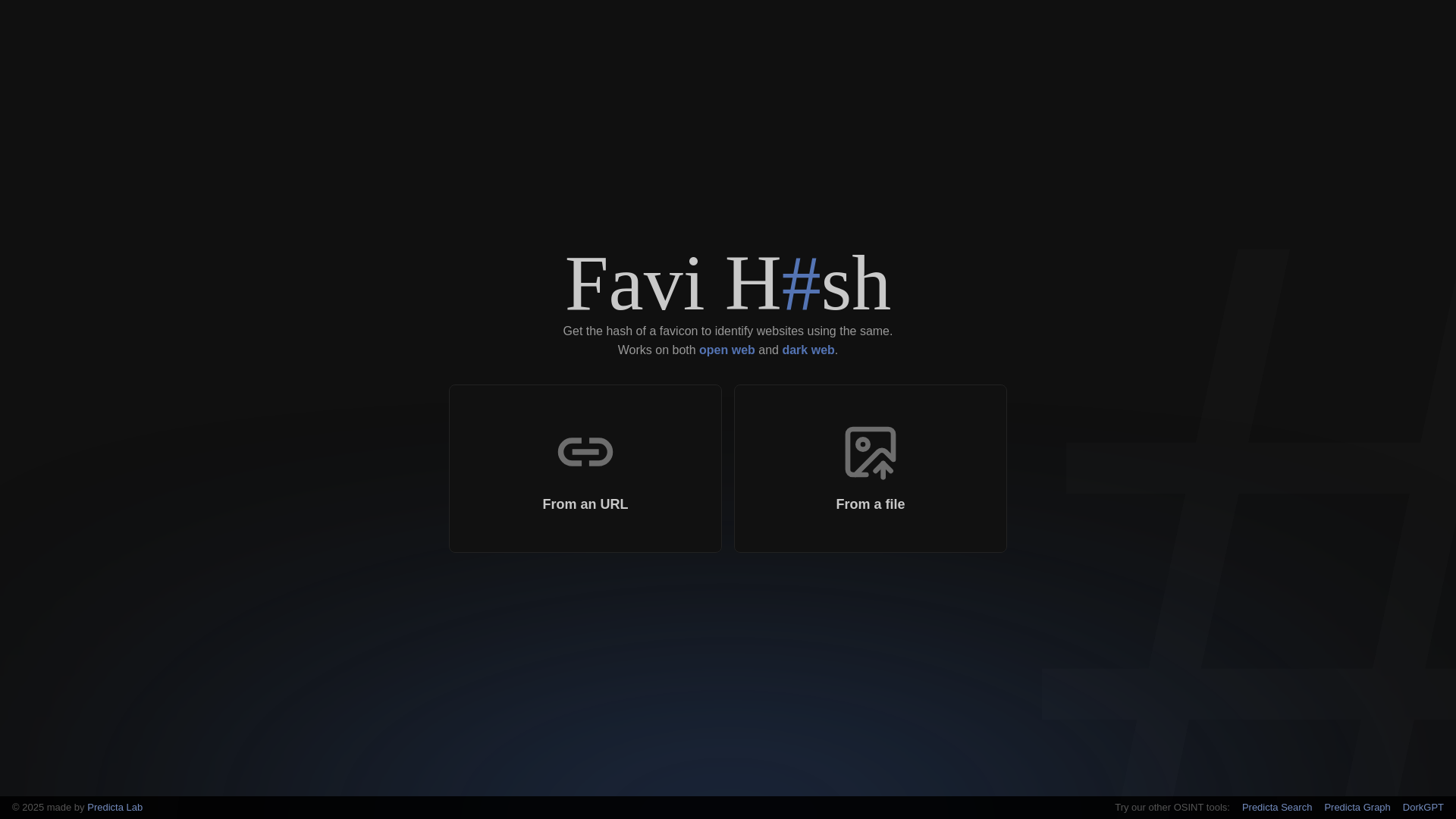 Favi Hash - Get the hash of a favicon to identify websites using the same. Works on both open web and dark web.