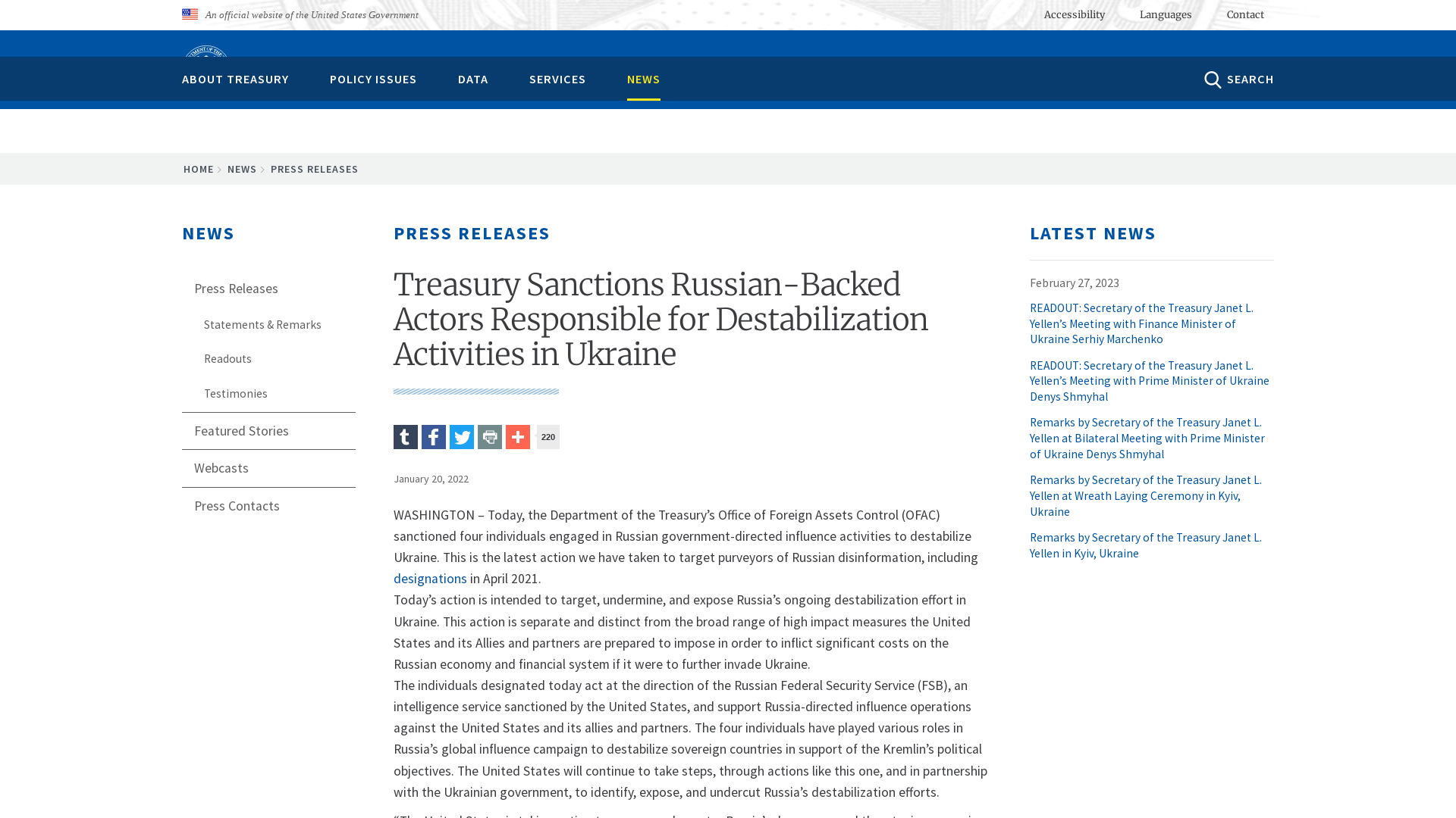 Treasury Sanctions Russian-Backed Actors Responsible for Destabilization Activities in Ukraine | U.S. Department of the Treasury