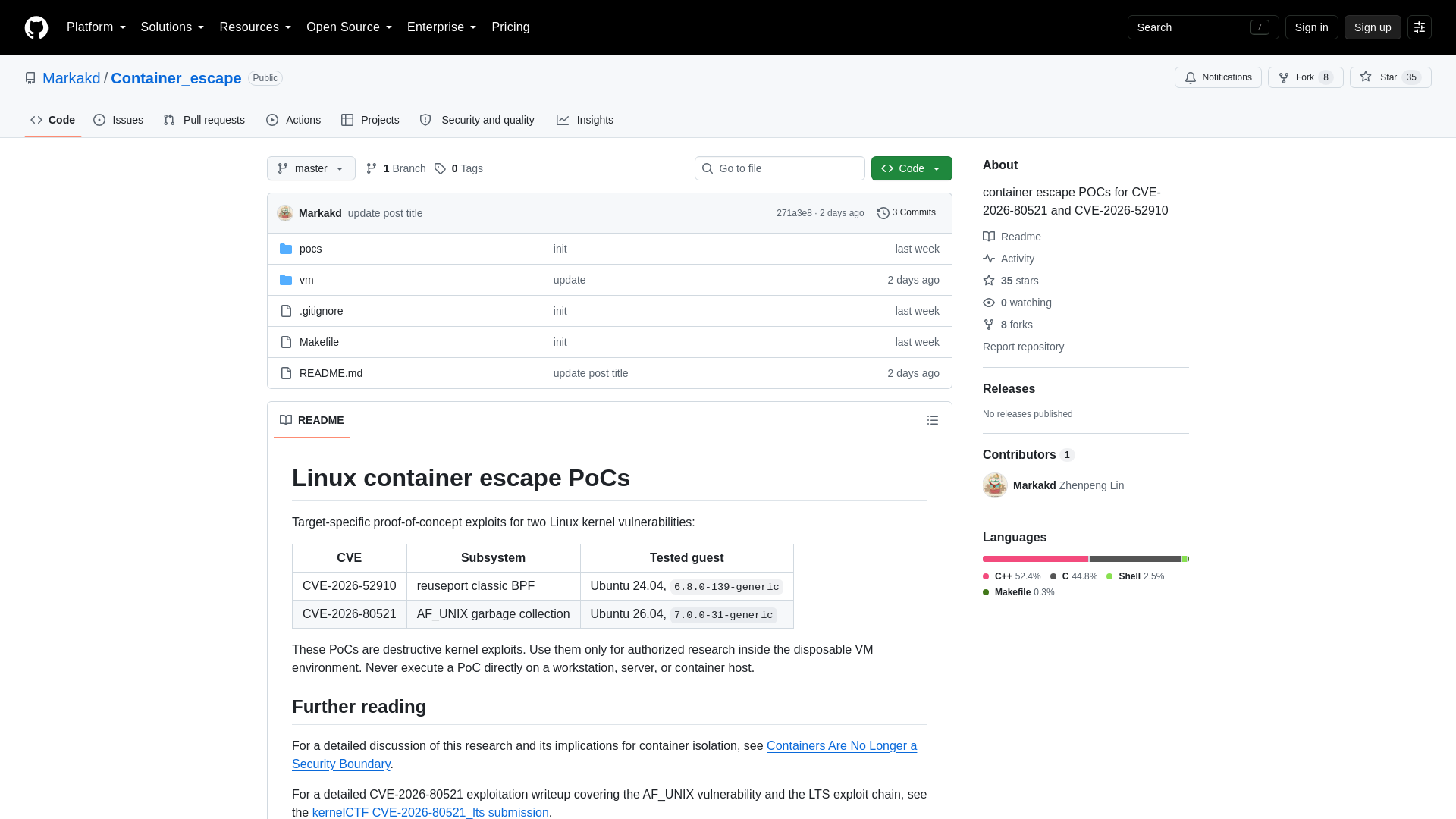 GitHub - Markakd/Container_escape: container escape POCs for CVE-2026-80521 and CVE-2026-52910 · GitHub