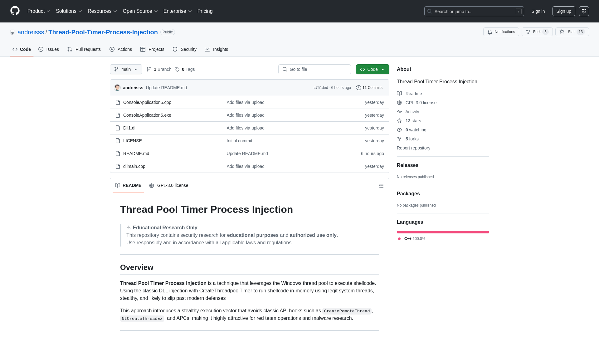 GitHub - andreisss/Thread-Pool-Timer-Process-Injection: Thread Pool Timer Process Injection