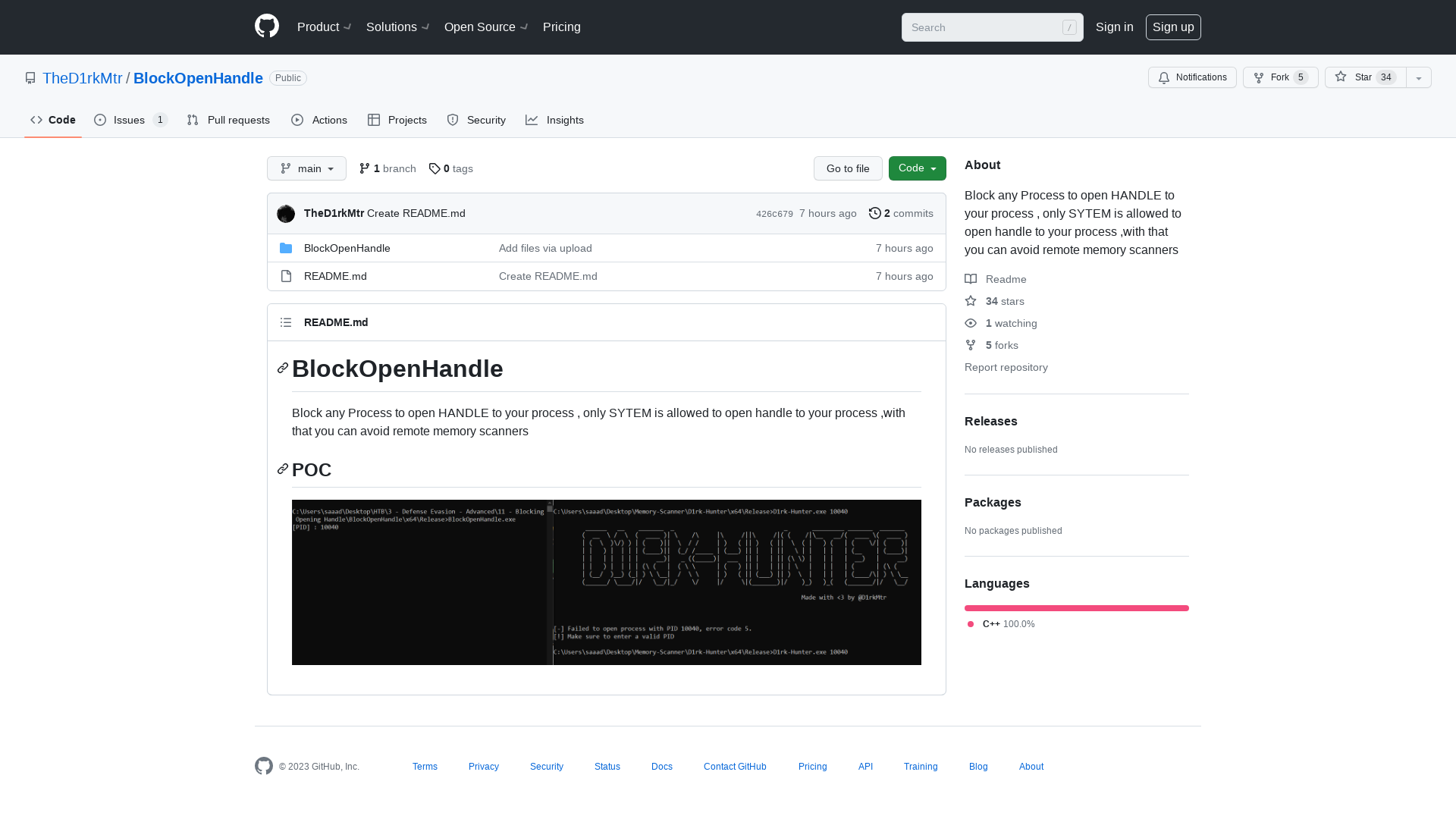 GitHub - TheD1rkMtr/BlockOpenHandle: Block any Process to open HANDLE to your process , only SYTEM is allowed to open handle to your process ,with that you can avoid remote memory scanners